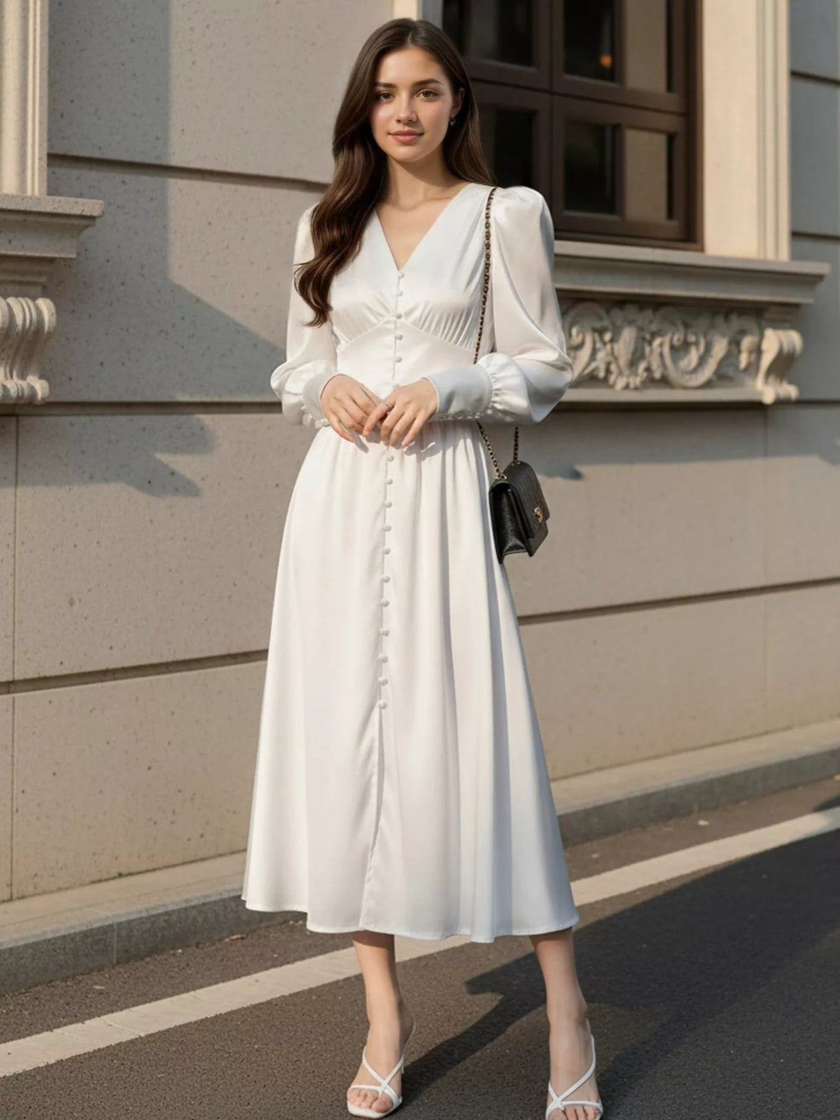 V-Neck Lantern Sleeve Midi Dress - Flip Flop Dynasty