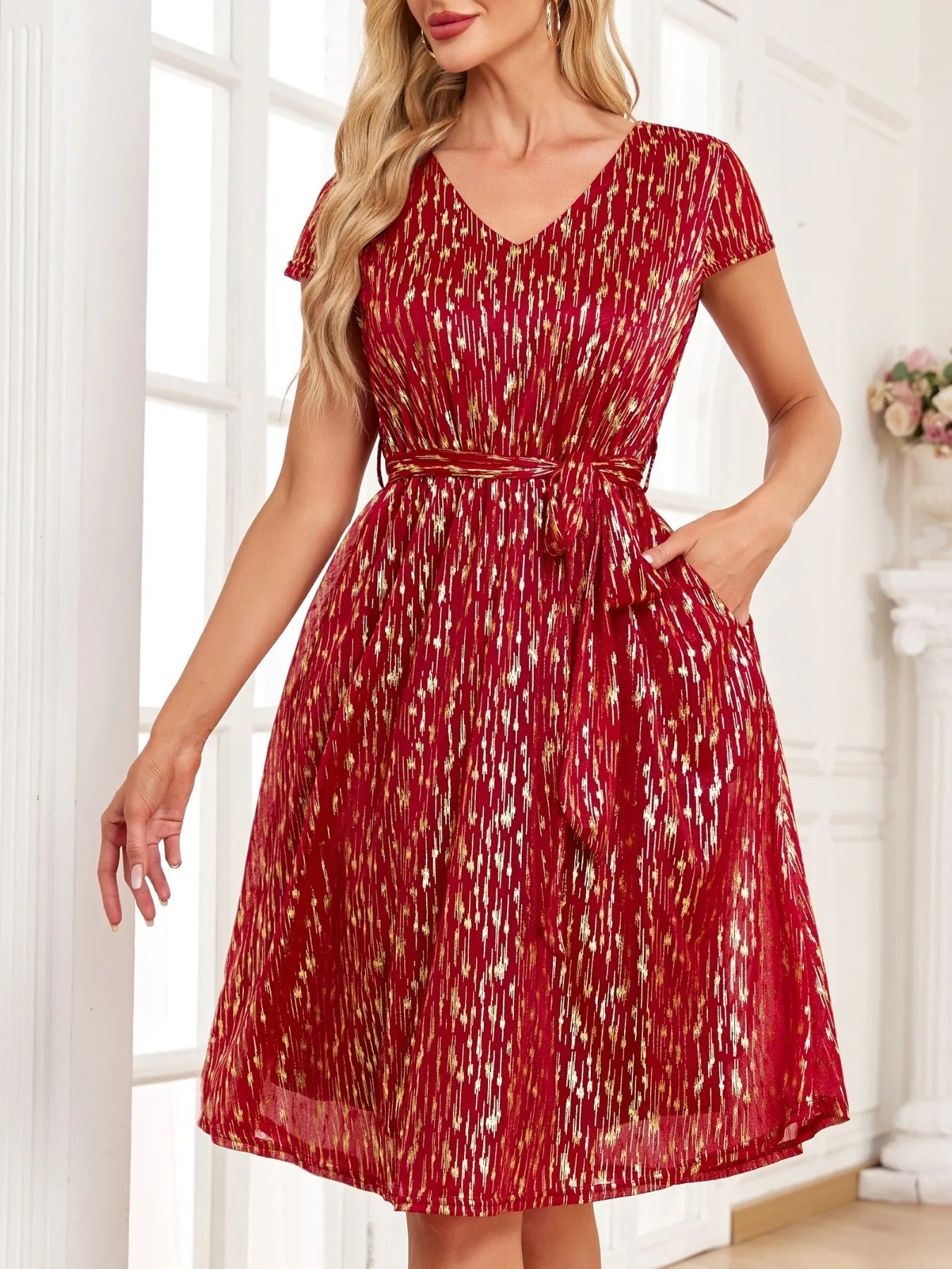 V-Neck Metallic Print Dress - Flip Flop Dynasty