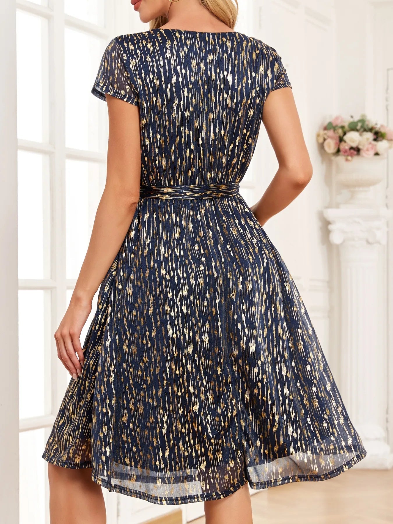 V-Neck Metallic Print Dress - Flip Flop Dynasty