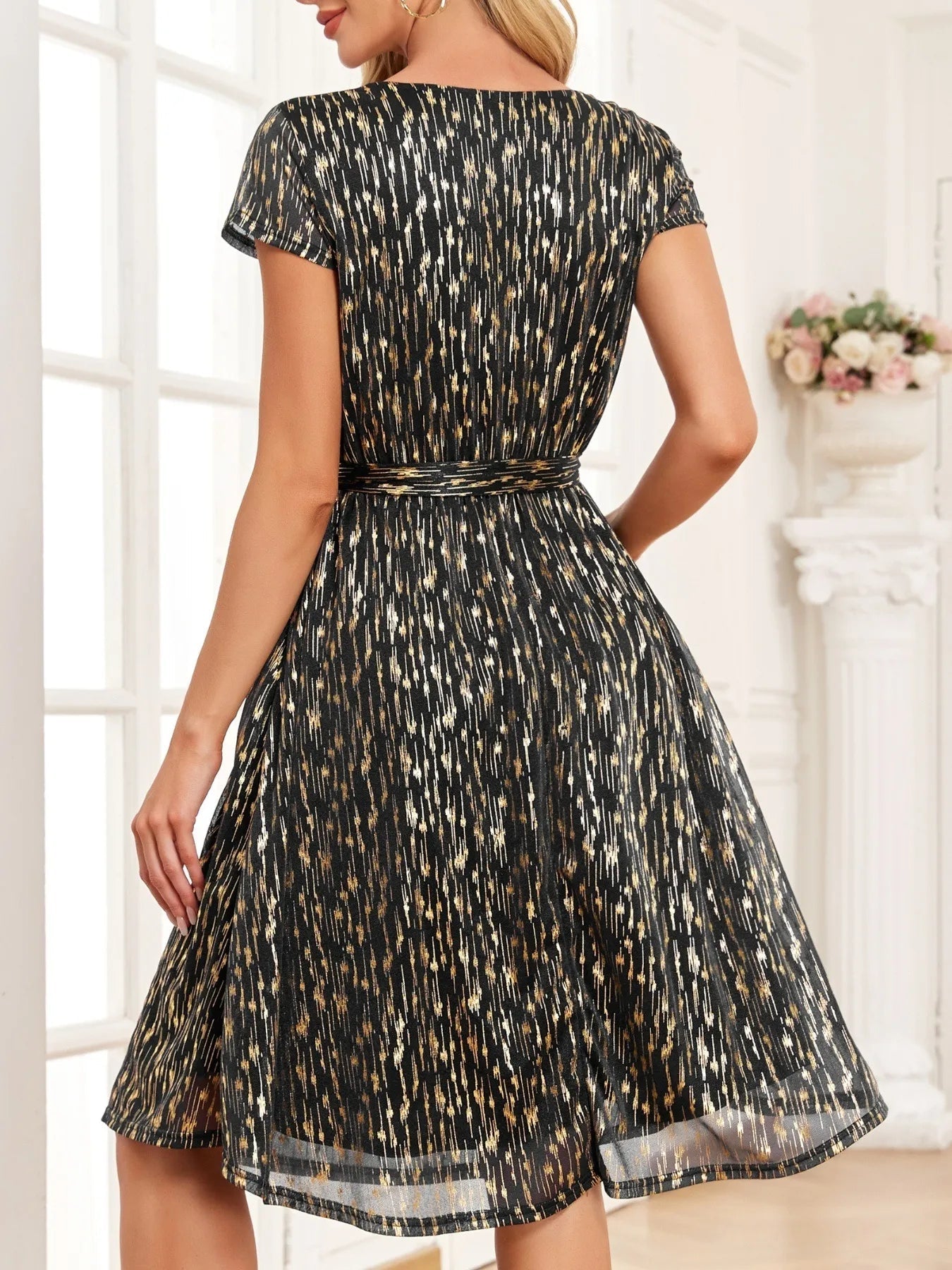 V-Neck Metallic Print Dress - Flip Flop Dynasty