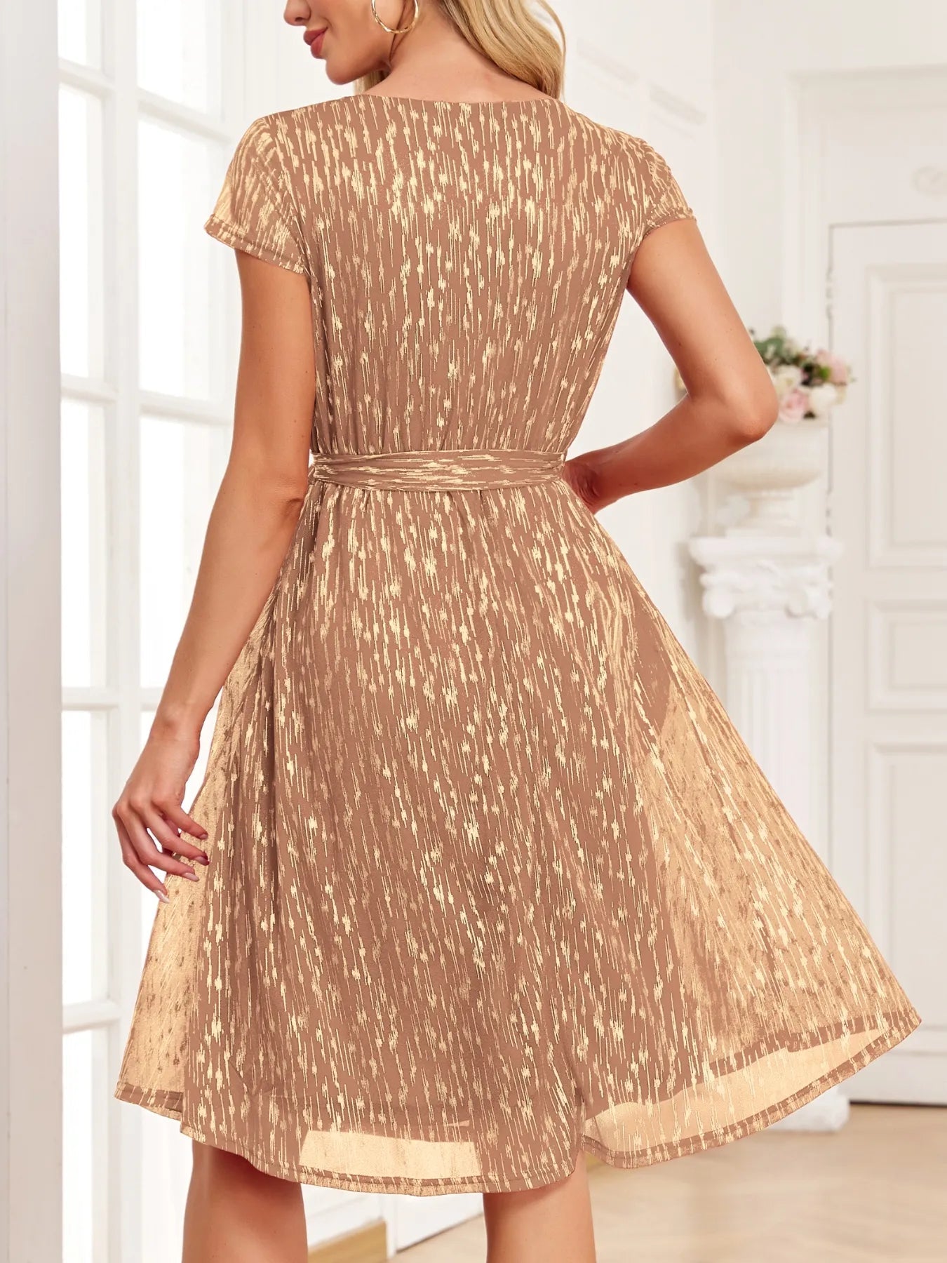 V-Neck Metallic Print Dress - Flip Flop Dynasty