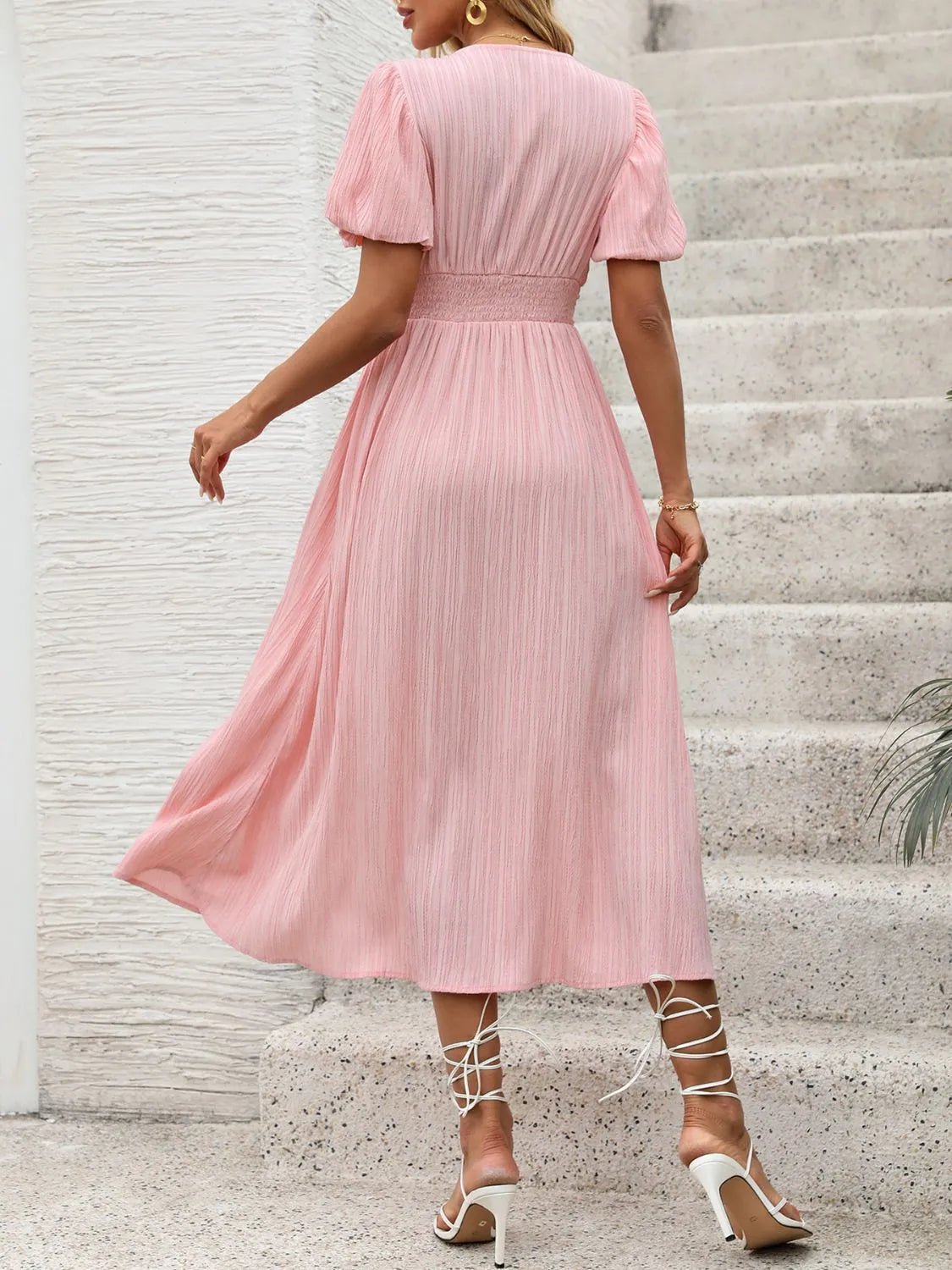 V - Neck Puff Sleeve Dress - Flip Flop Dynasty