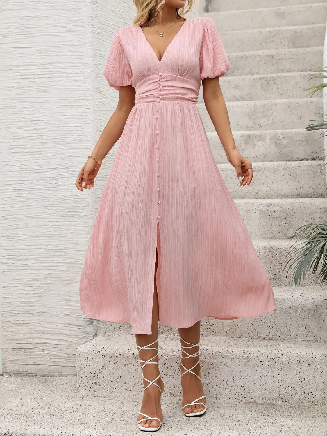 V - Neck Puff Sleeve Dress - Flip Flop Dynasty