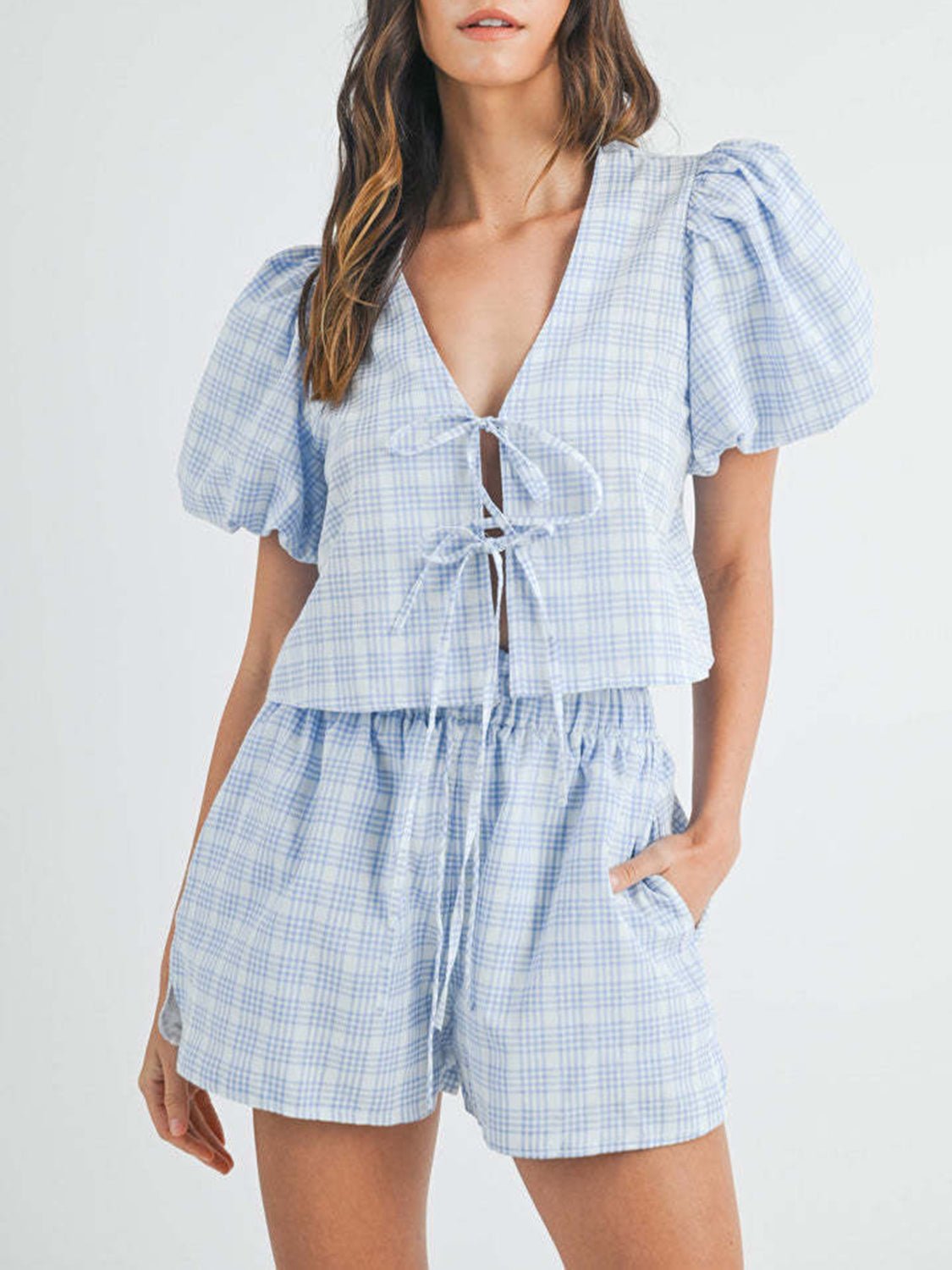 V - Neck Puff Sleeve Top and Shorts Set - Flip Flop Dynasty