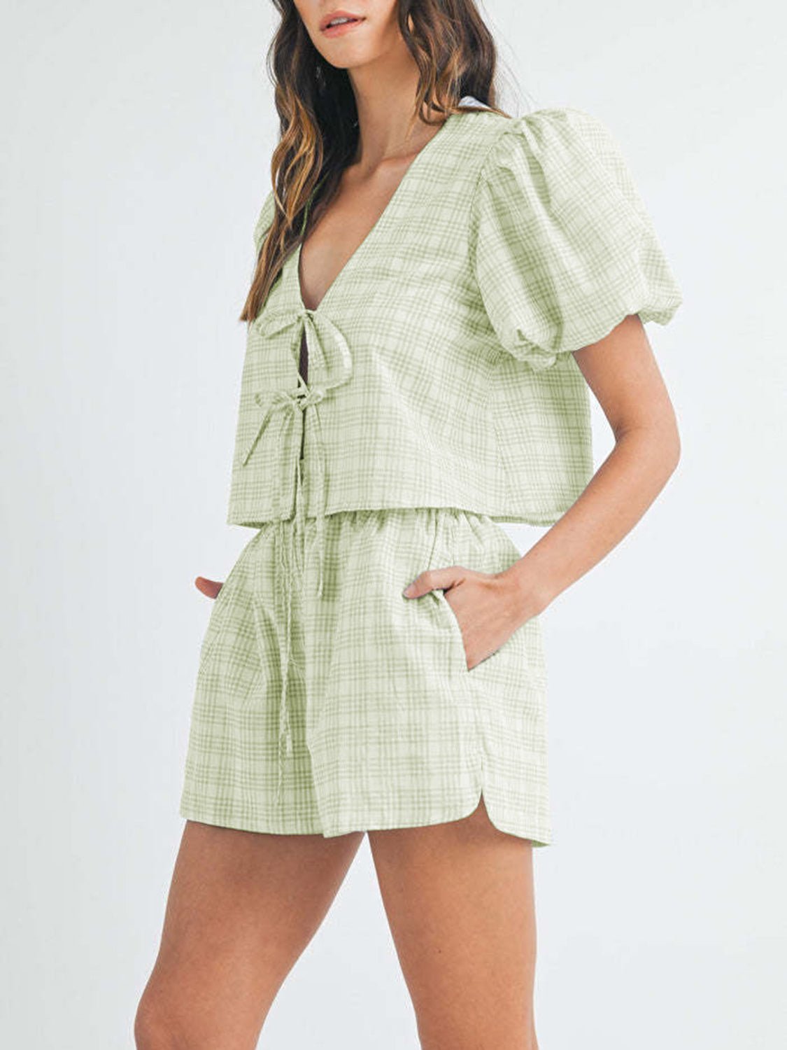 V - Neck Puff Sleeve Top and Shorts Set - Flip Flop Dynasty