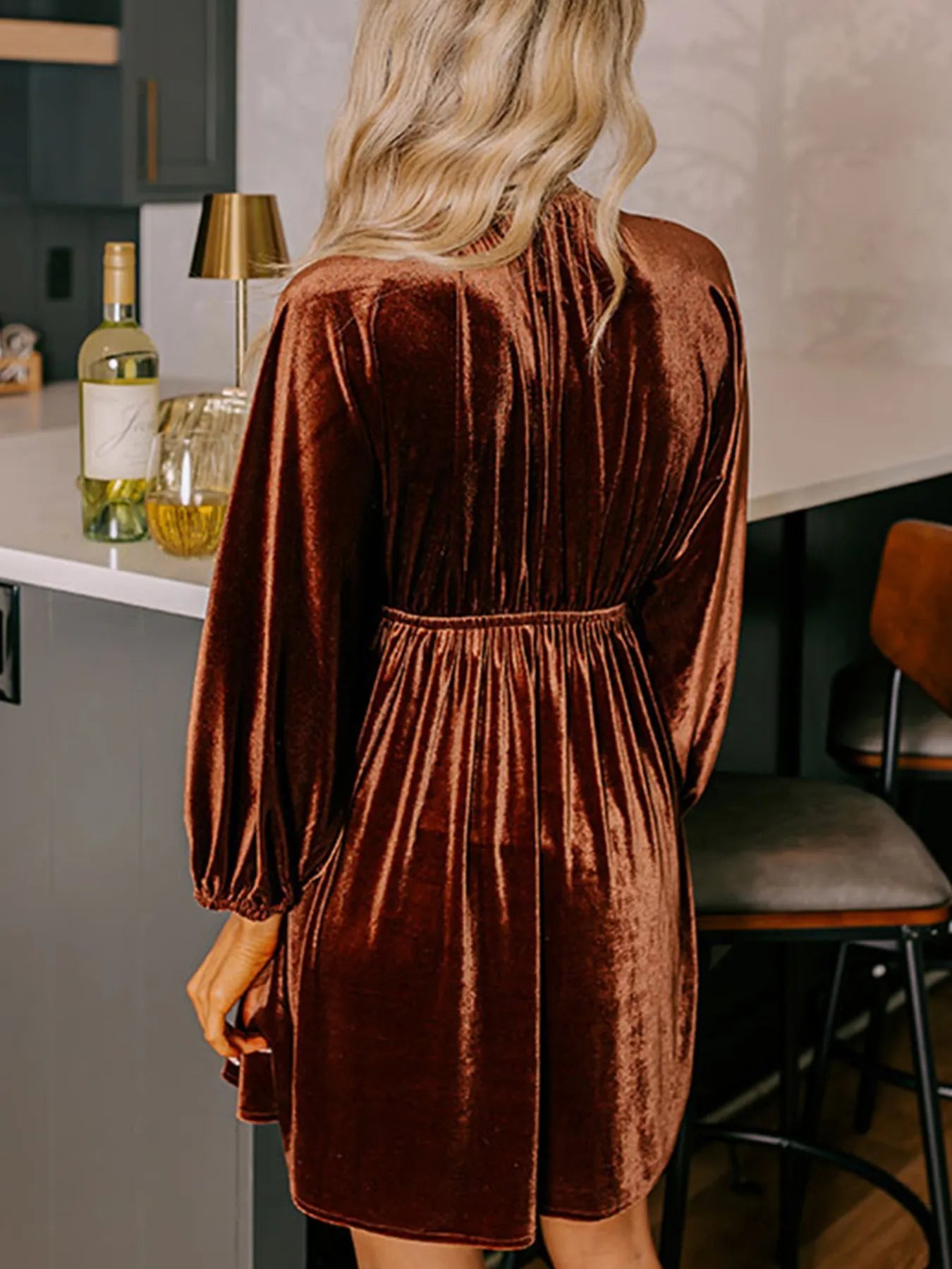 V Neck Puff Sleeve Velvet Dress - Flip Flop Dynasty