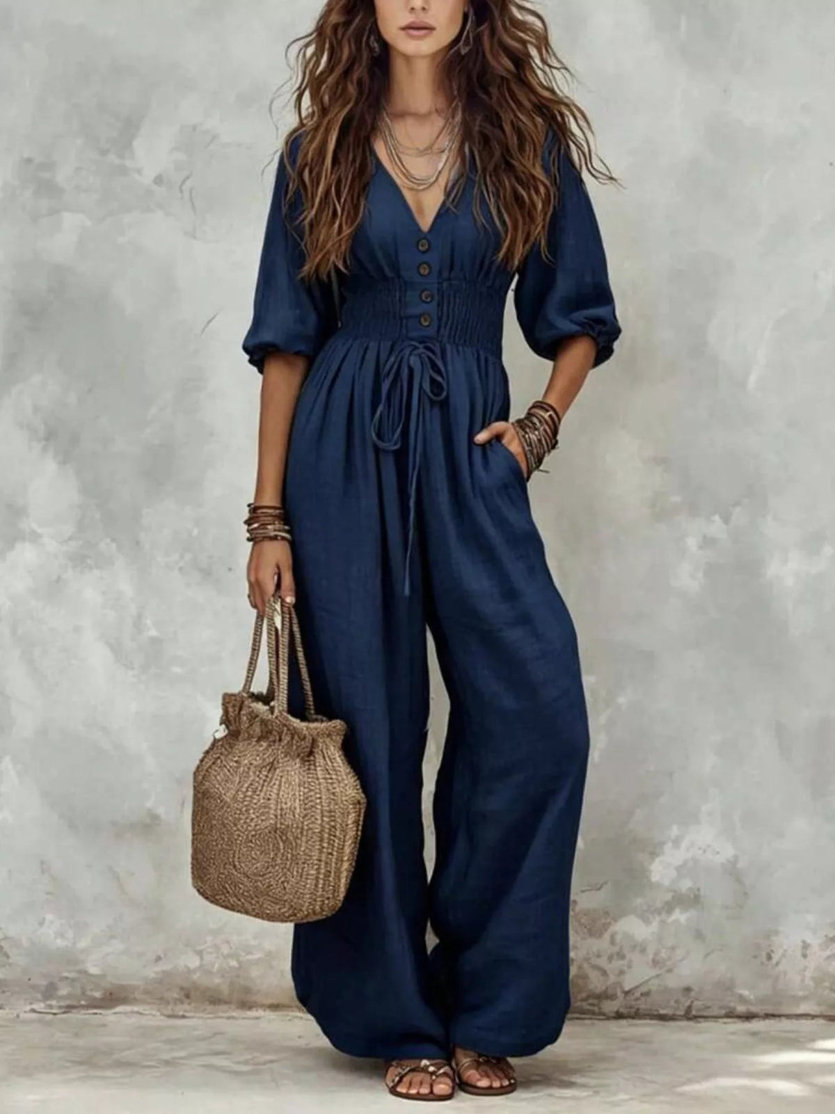 V-Neck Smocked Waist Wide-Leg Jumpsuit - Flip Flop Dynasty