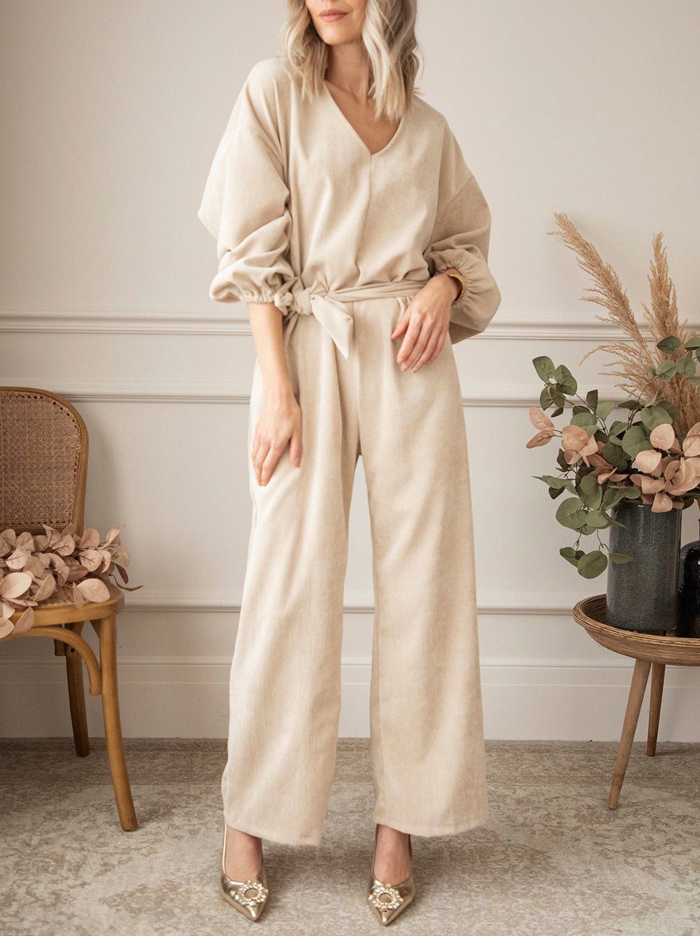 V - Neck Tie Waist Wide Leg Jumpsuit - Flip Flop Dynasty