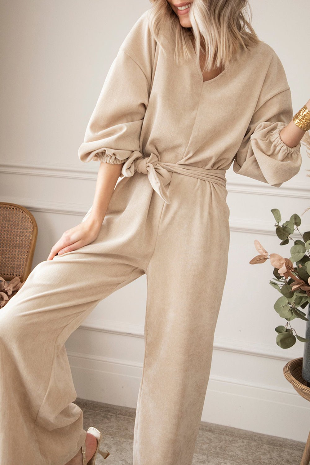 V - Neck Tie Waist Wide Leg Jumpsuit - Flip Flop Dynasty