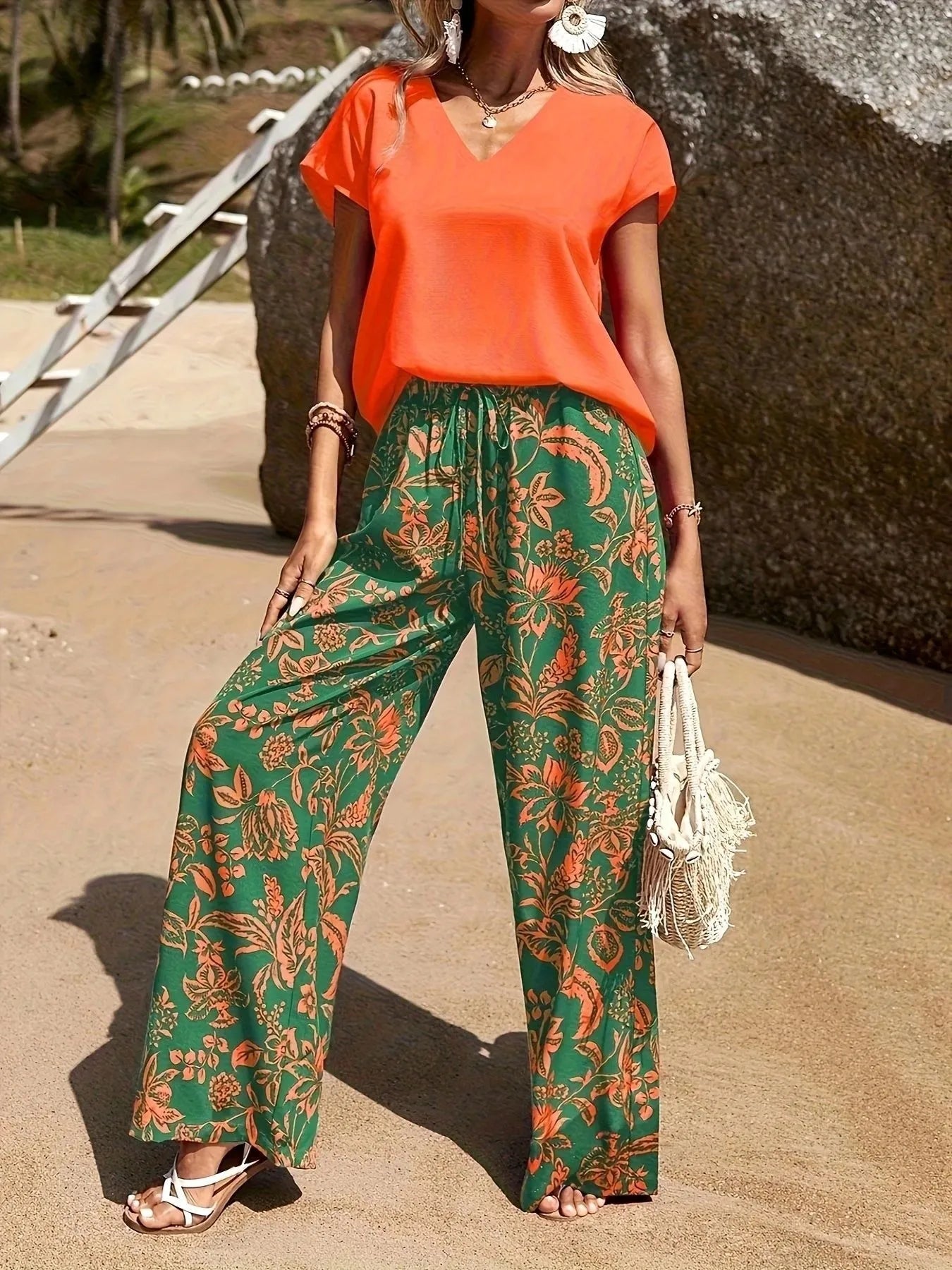 V - Neck Top and Summer Beach Floral Print Pants Two - Piece Set - Flip Flop Dynasty