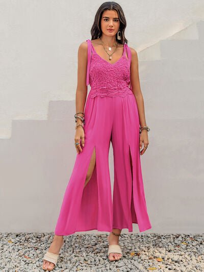 V - Neck Wide Strap Slit Jumpsuit - Flip Flop Dynasty