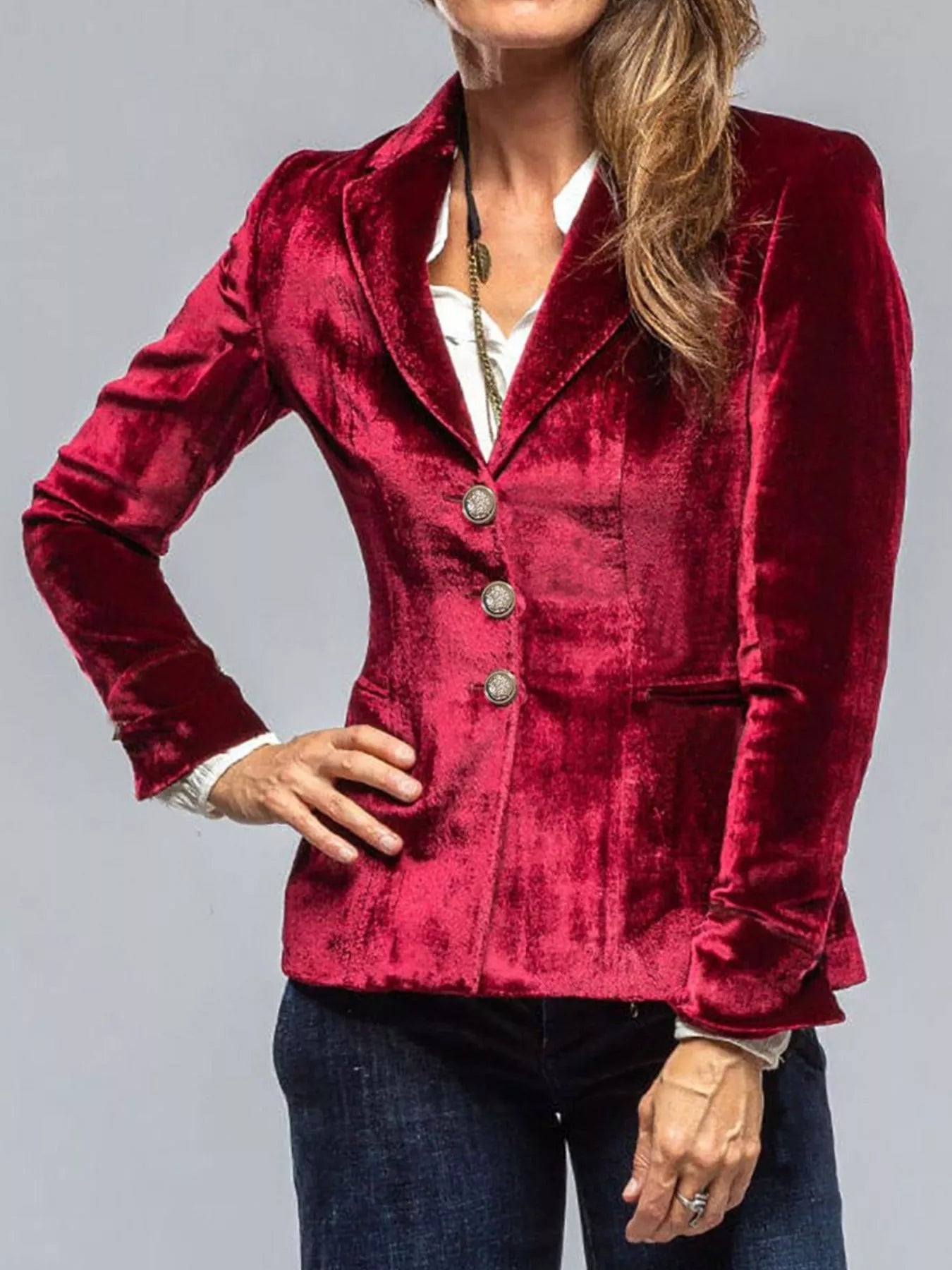 Velvet Lapel Collar Button Up Blazer - Flip Flop Dynasty