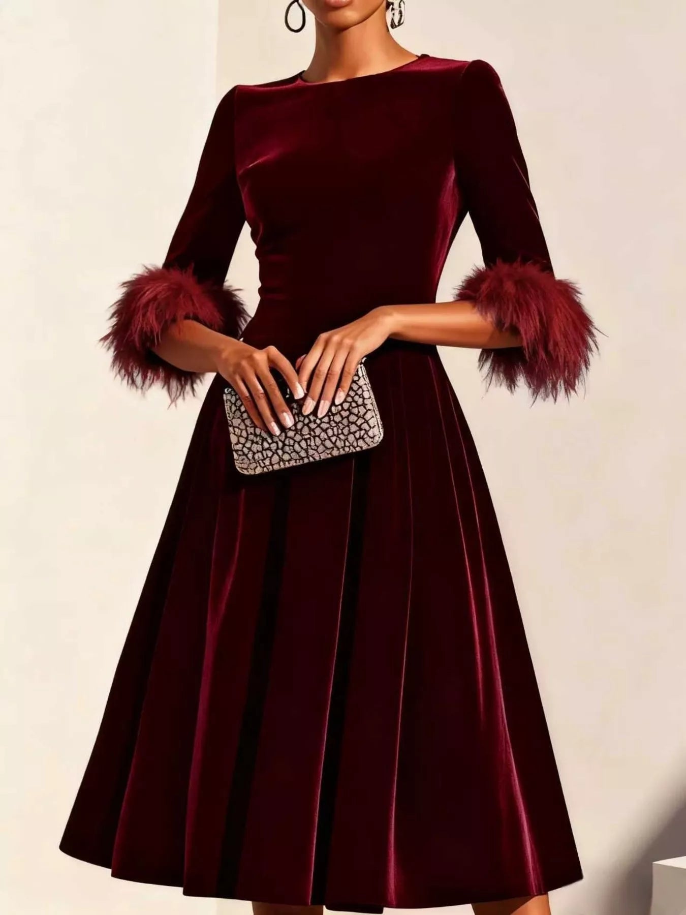 Velvet Midi Dress with Feather Cuffs - Flip Flop Dynasty