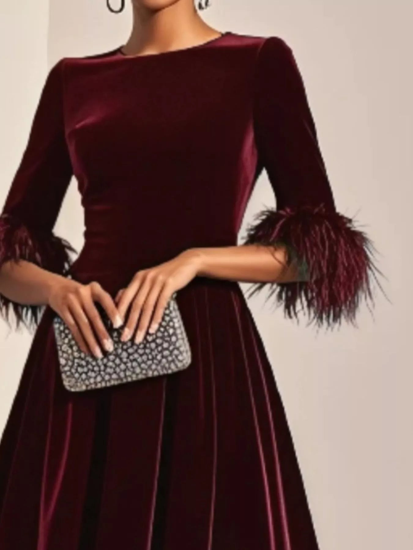 Velvet Midi Dress with Feather Cuffs - Flip Flop Dynasty