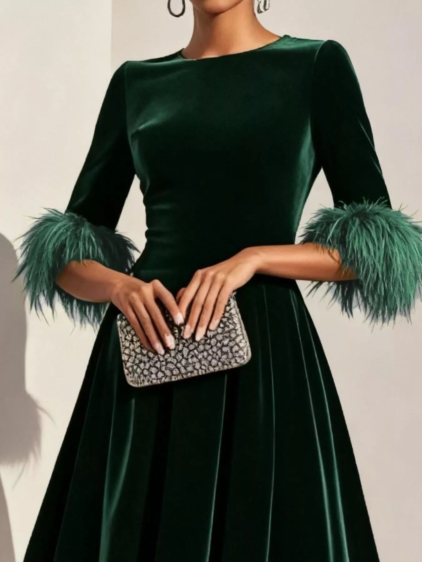 Velvet Midi Dress with Feather Cuffs - Flip Flop Dynasty