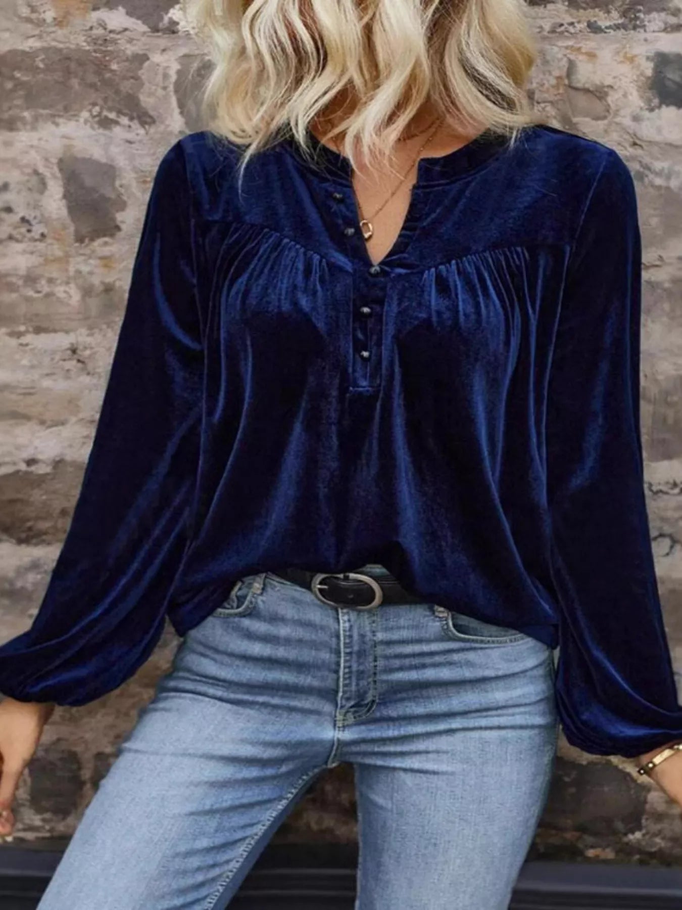 Velvet Notched Long Sleeve Blouse - Flip Flop Dynasty
