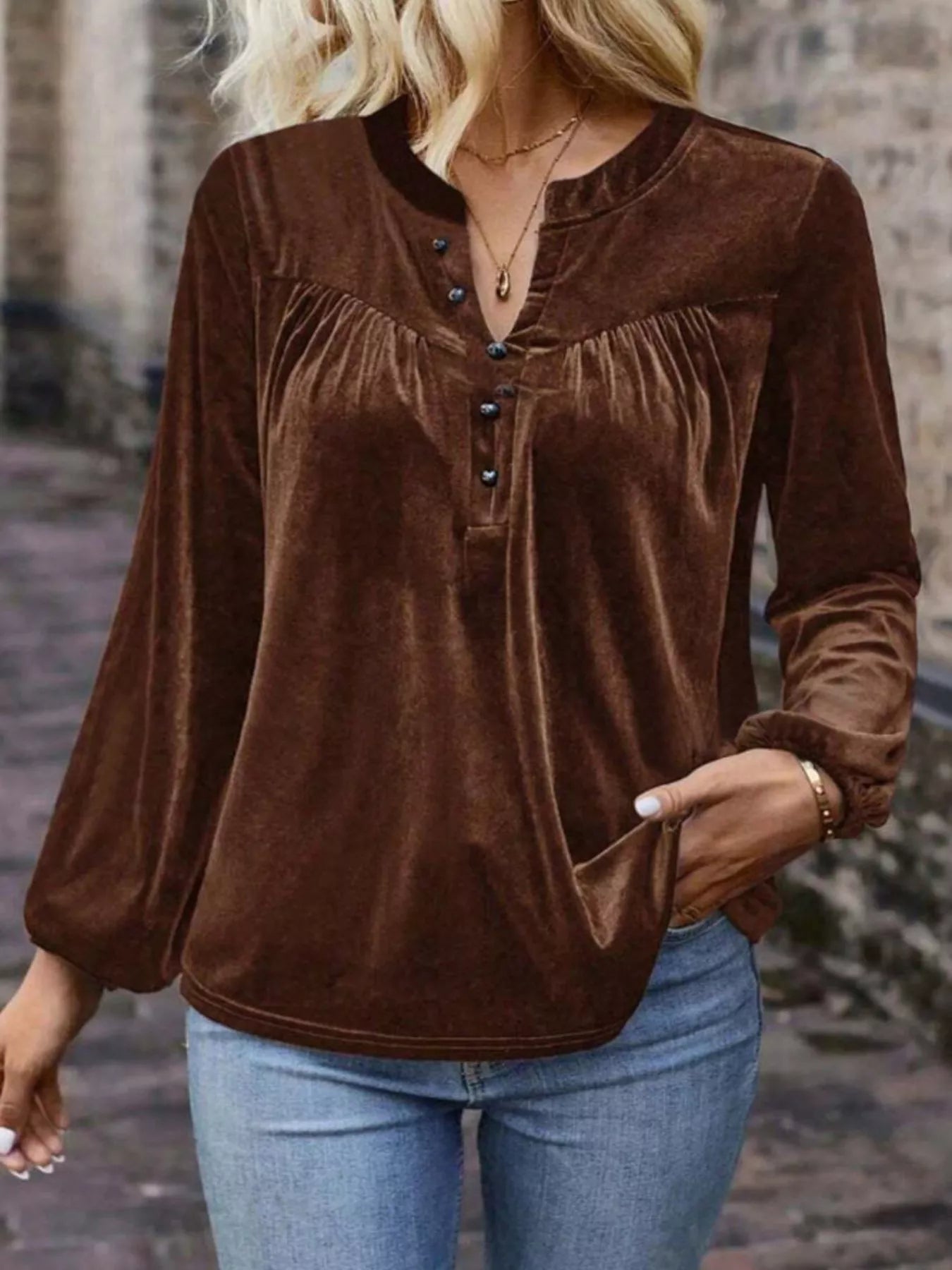 Velvet Notched Long Sleeve Blouse - Flip Flop Dynasty