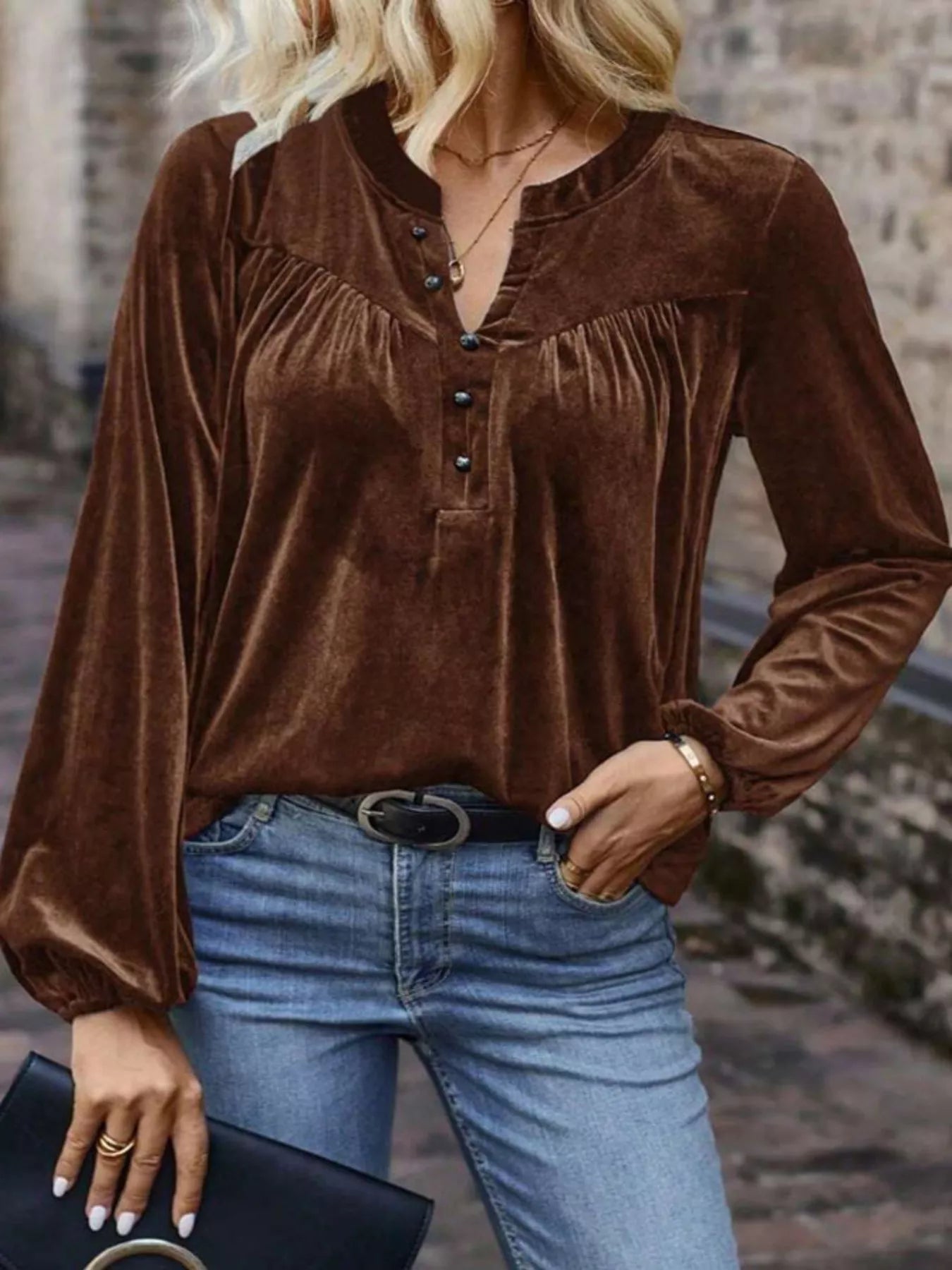 Velvet Notched Long Sleeve Blouse - Flip Flop Dynasty