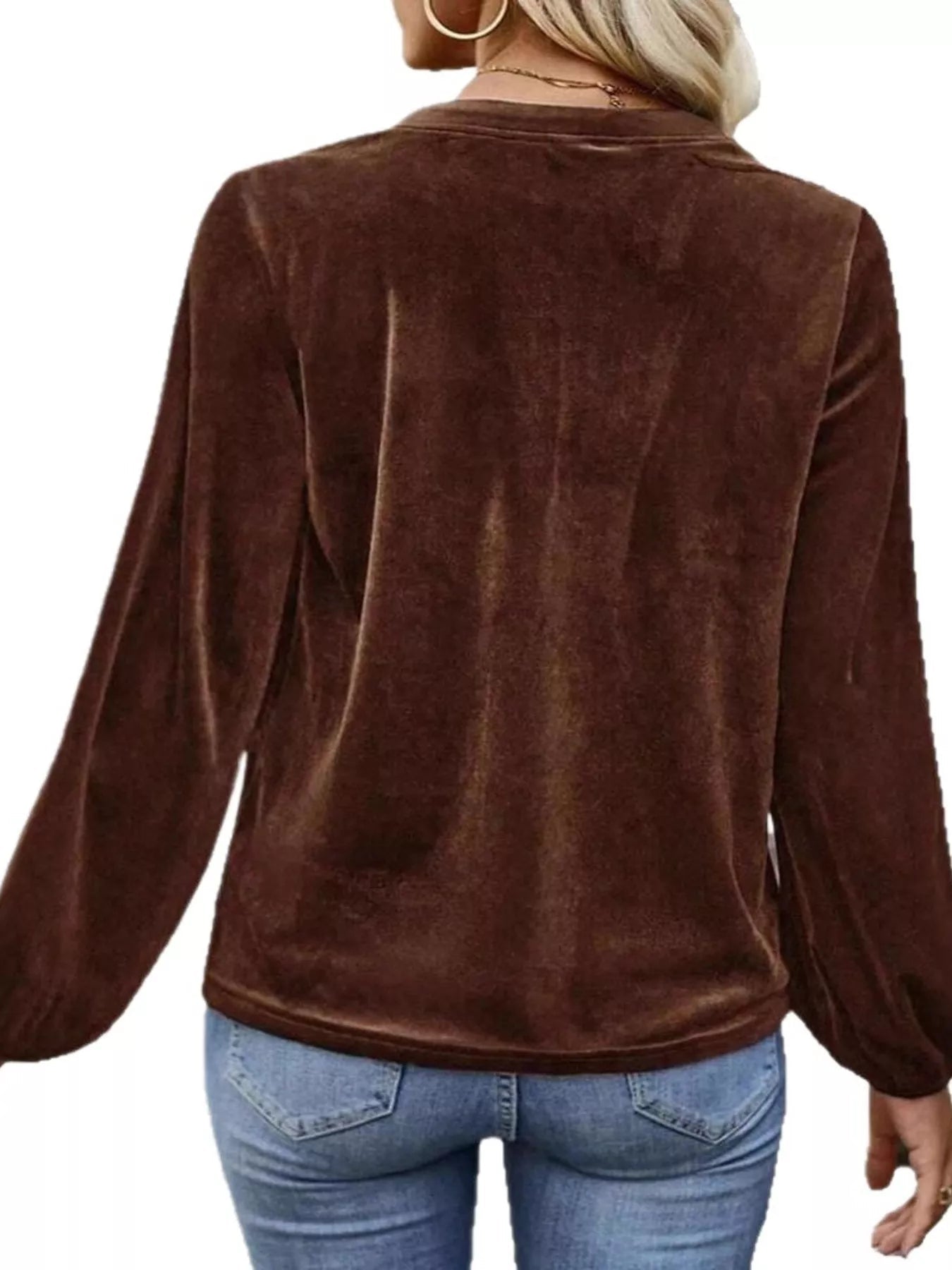Velvet Notched Long Sleeve Blouse - Flip Flop Dynasty