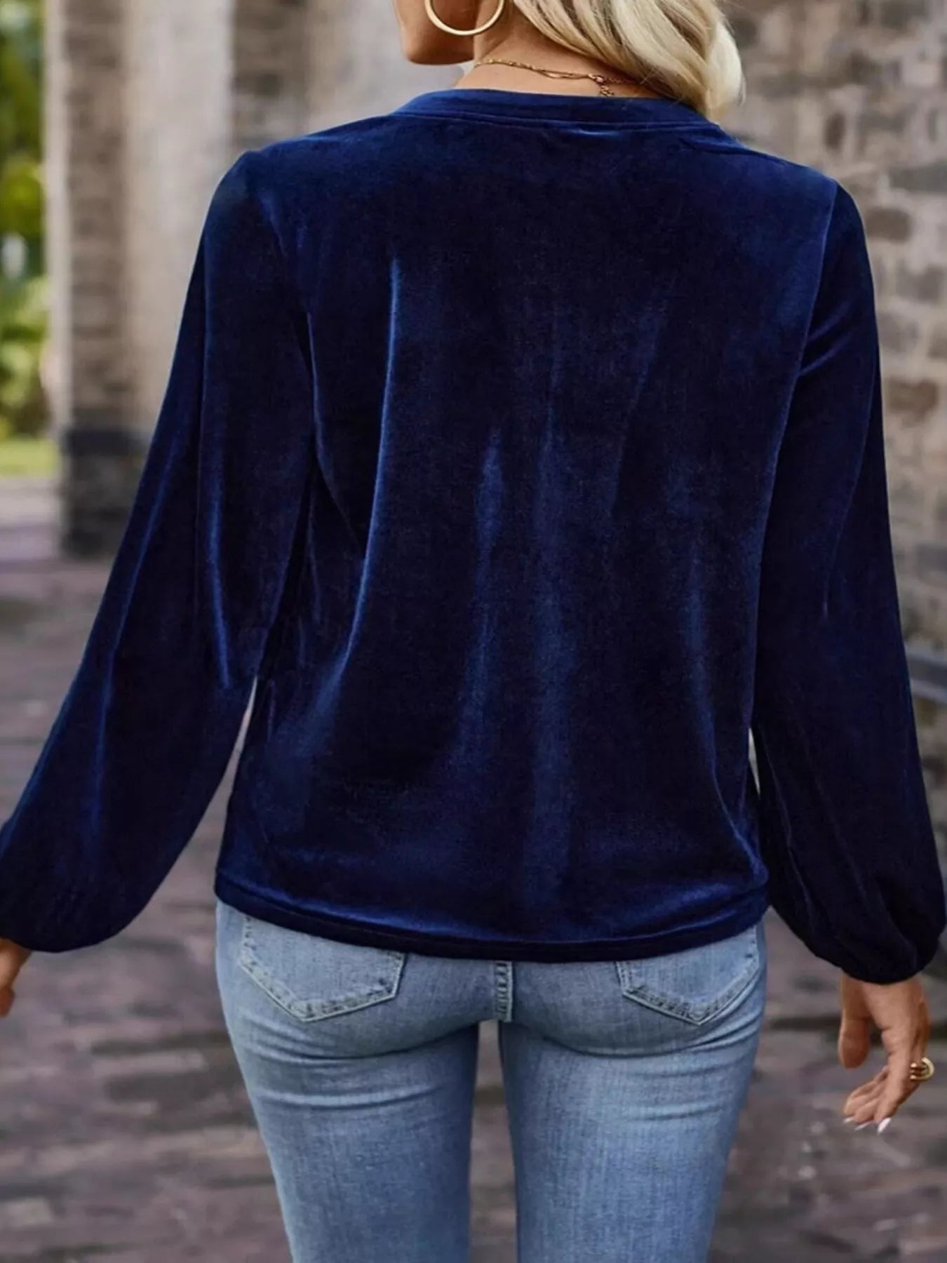 Velvet Notched Long Sleeve Blouse - Flip Flop Dynasty