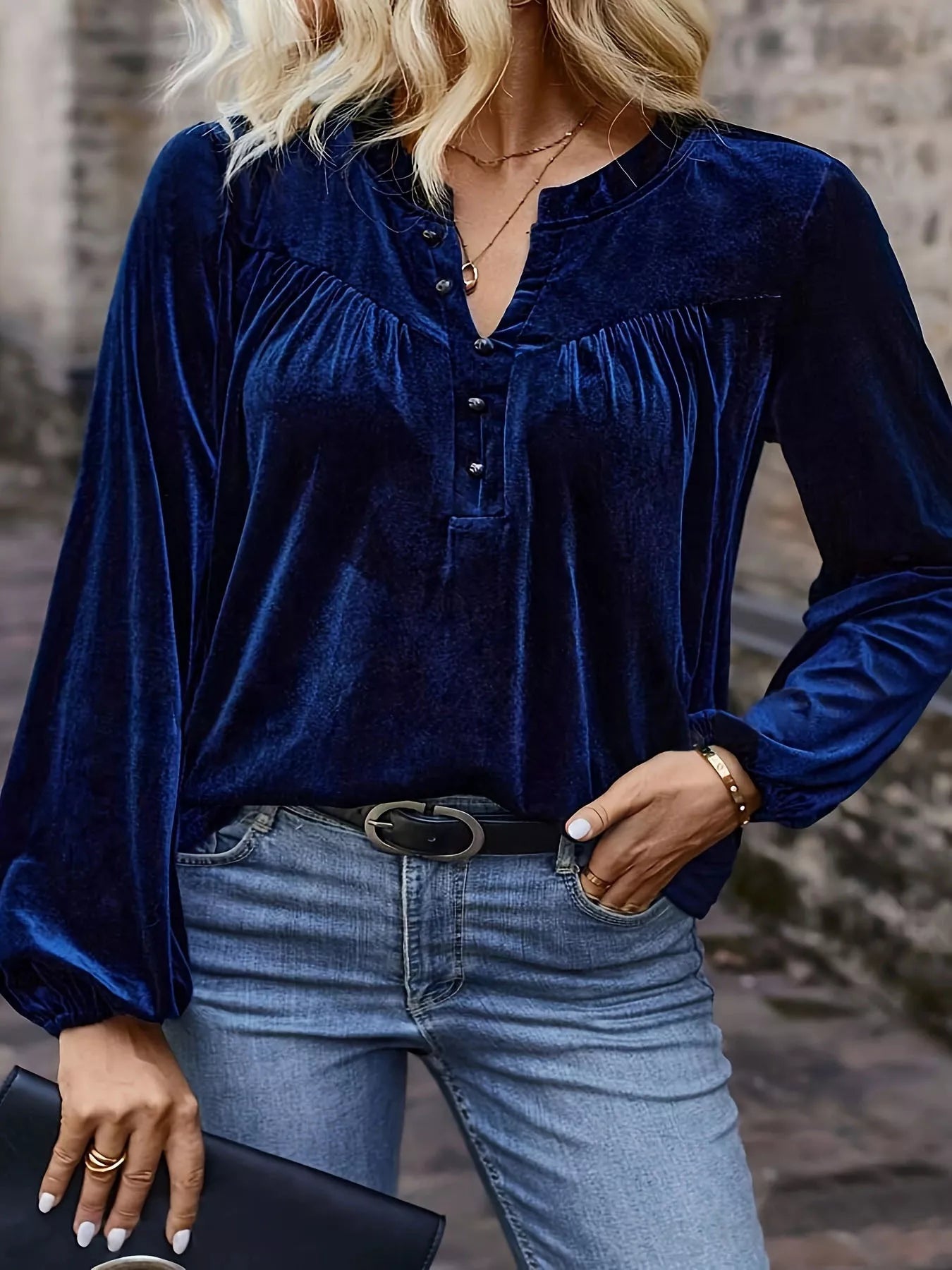 Velvet Notched Long Sleeve Blouse - Flip Flop Dynasty