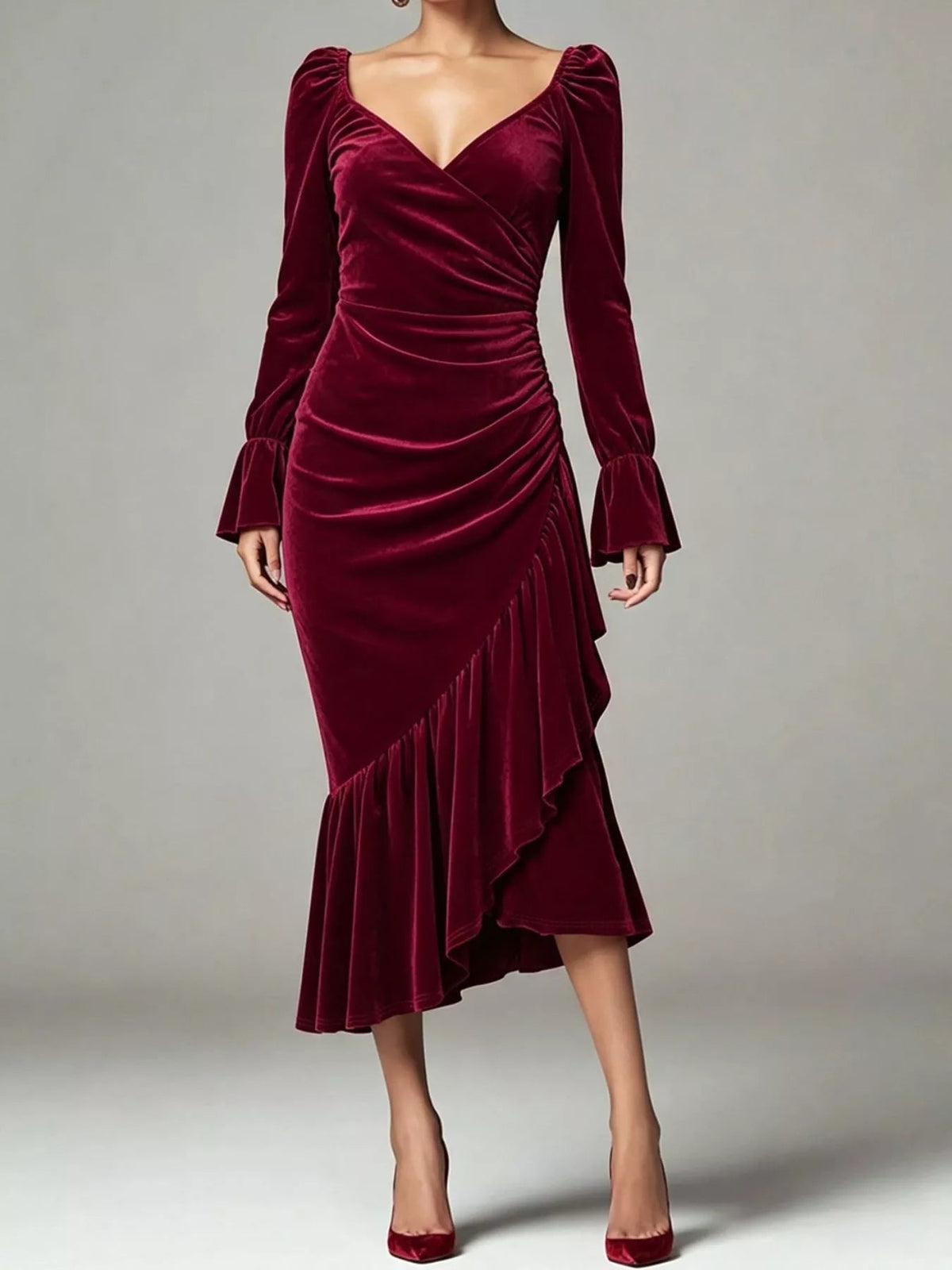 Velvet Ruched Ruffle Hem Midi Dress - Flip Flop Dynasty