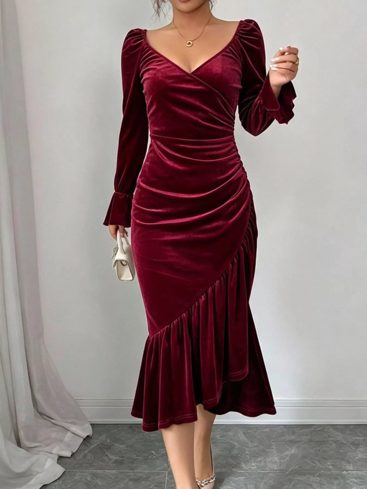 Velvet Ruched Ruffle Hem Midi Dress - Flip Flop Dynasty