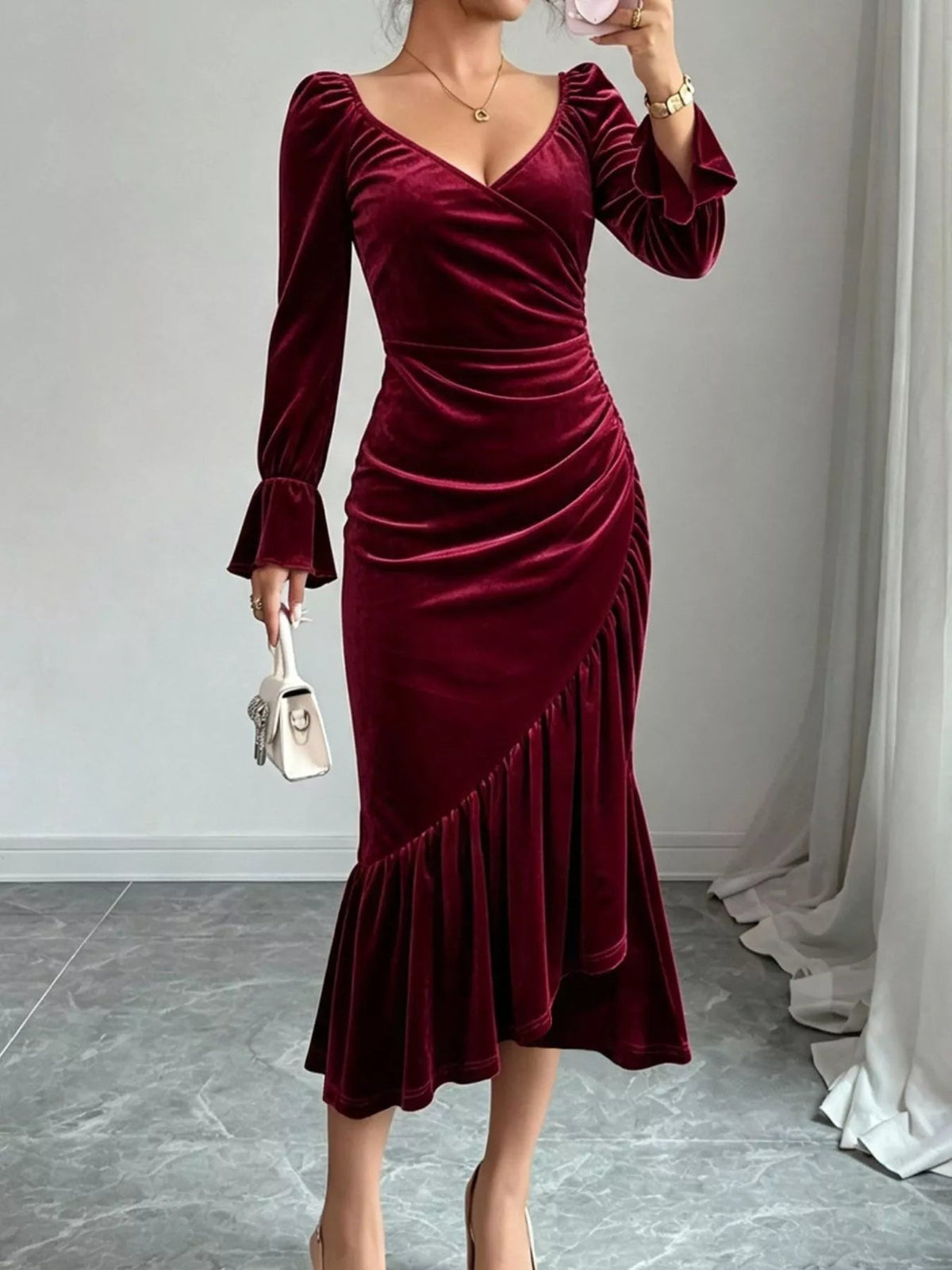 Velvet Ruched Ruffle Hem Midi Dress - Flip Flop Dynasty