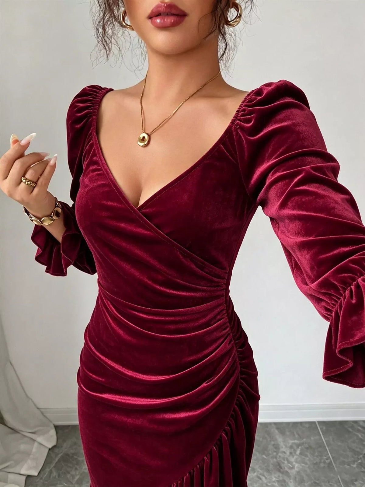 Velvet Ruched Ruffle Hem Midi Dress - Flip Flop Dynasty