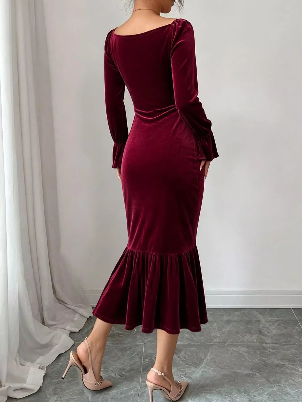 Velvet Ruched Ruffle Hem Midi Dress - Flip Flop Dynasty