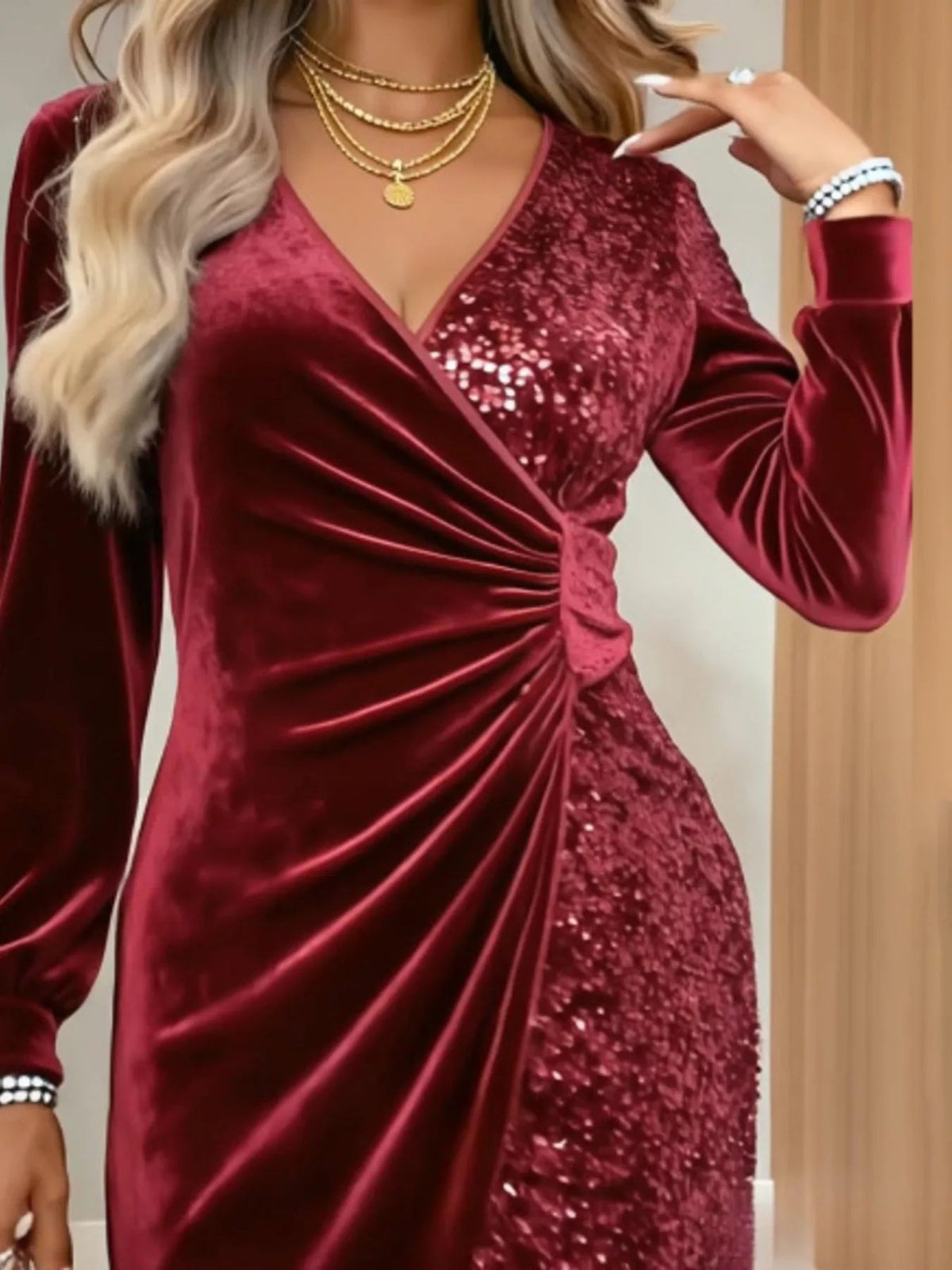 Velvet Sequin Long Sleeve Wrap Dress - Flip Flop Dynasty