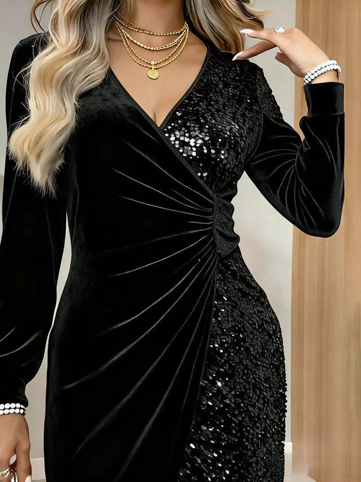 Velvet Sequin Long Sleeve Wrap Dress - Flip Flop Dynasty