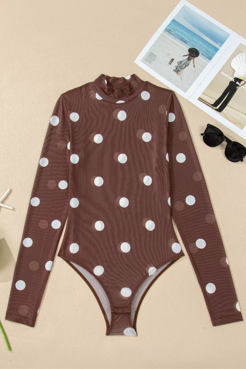 Vintage Polka Dot Print Mesh Long Sleeve Bodysuit - Flip Flop Dynasty