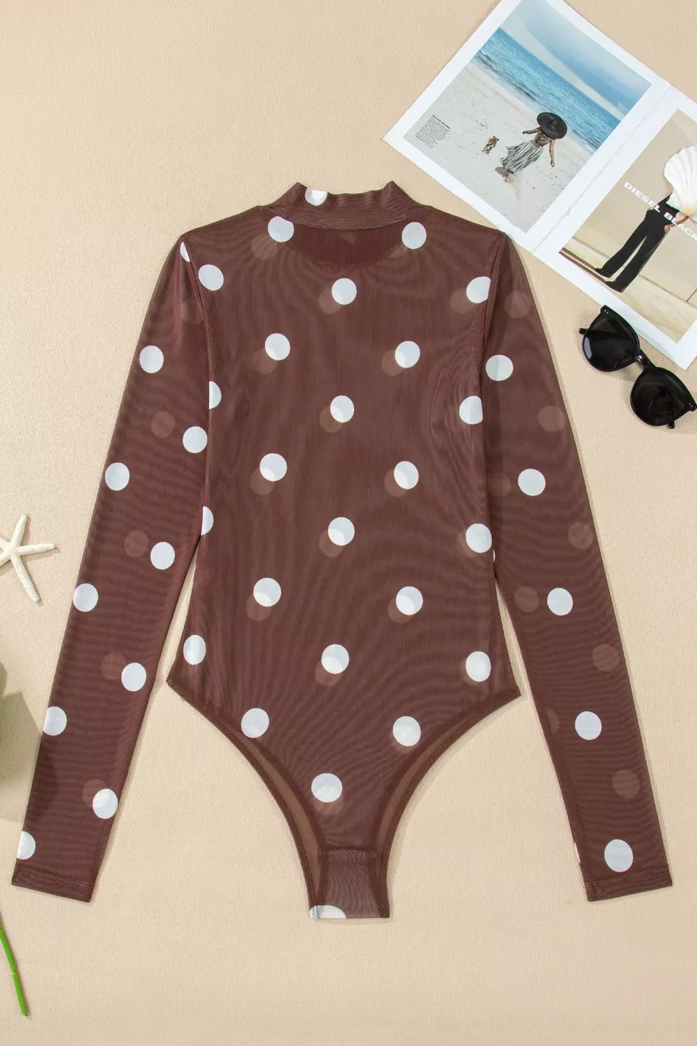 Vintage Polka Dot Print Mesh Long Sleeve Bodysuit - Flip Flop Dynasty