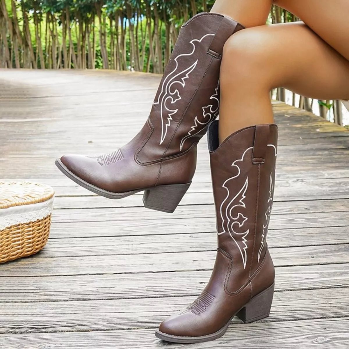 Western Embroidered Mid - Calf Boots - Flip Flop Dynasty