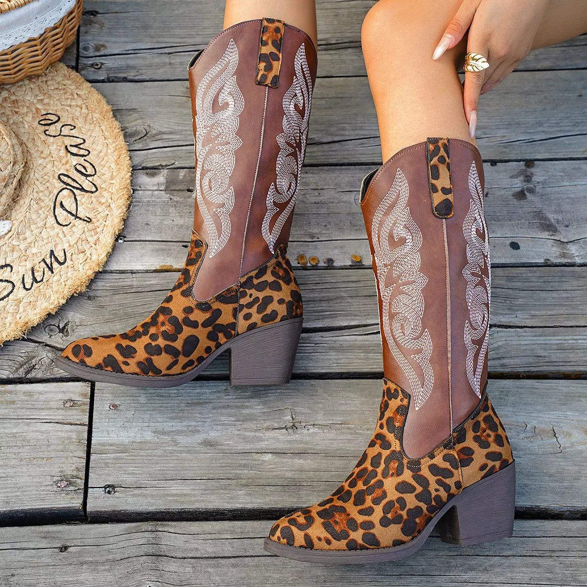 Western Embroidered Mid - Calf Boots - Flip Flop Dynasty