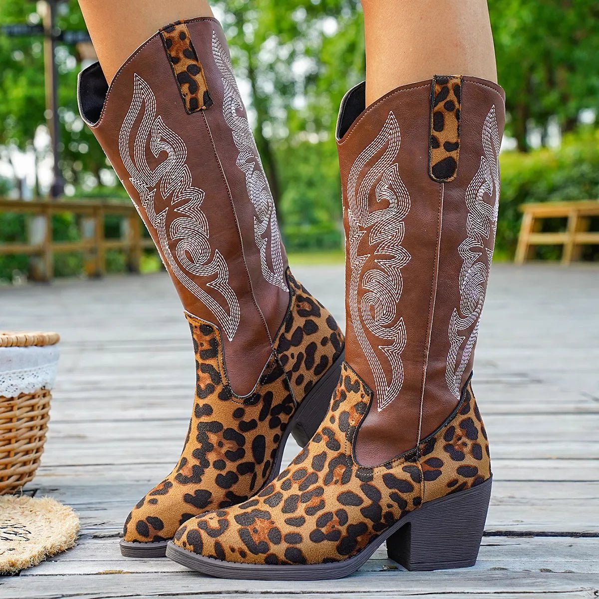 Western Embroidered Mid - Calf Boots - Flip Flop Dynasty