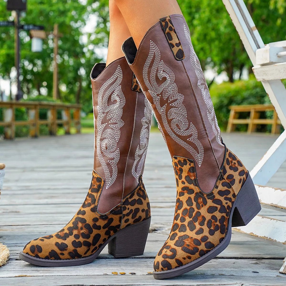 Western Embroidered Mid - Calf Boots - Flip Flop Dynasty