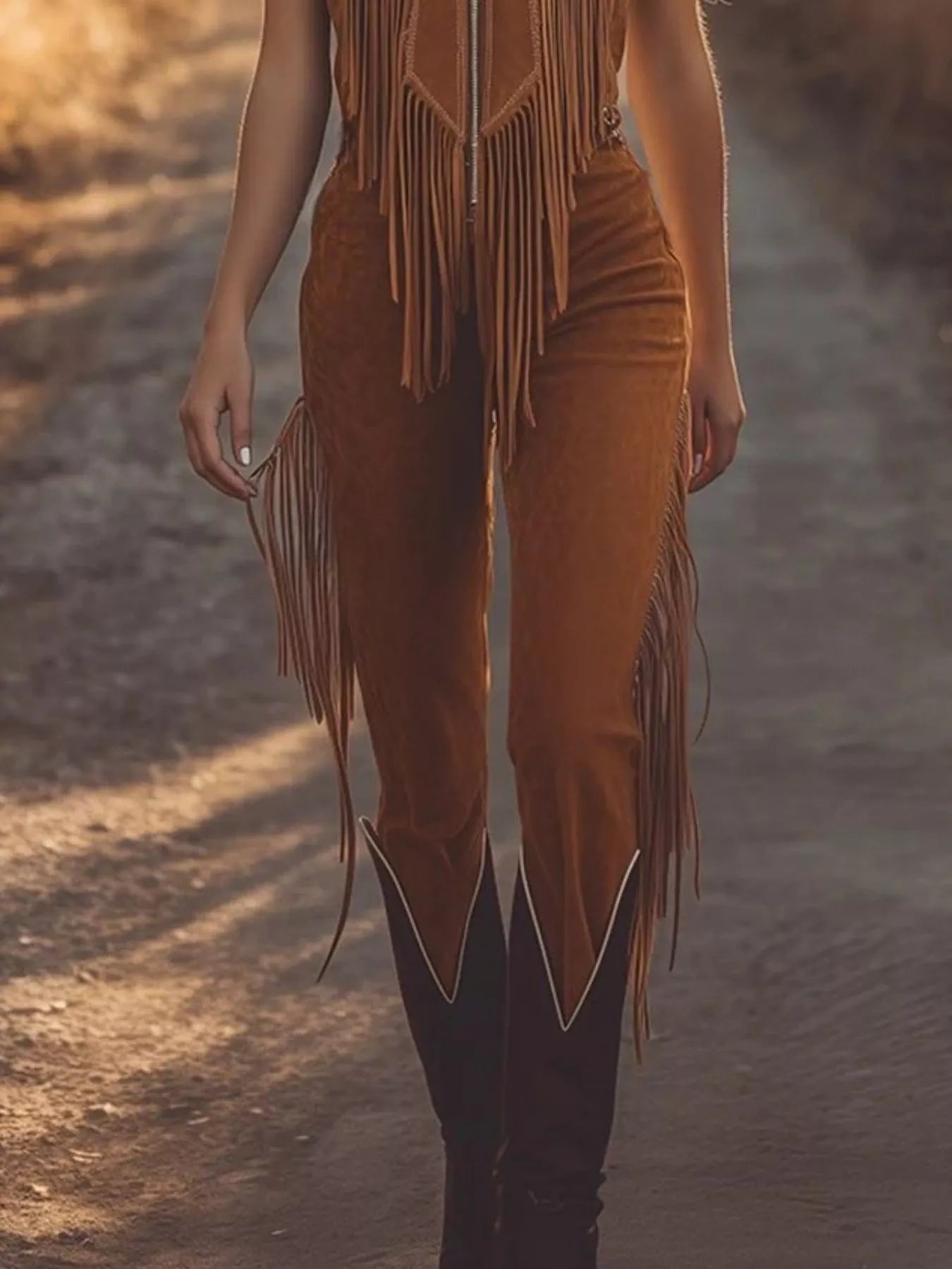 Western Style Fringe Zip Front Jumpsuit - Flip Flop Dynasty