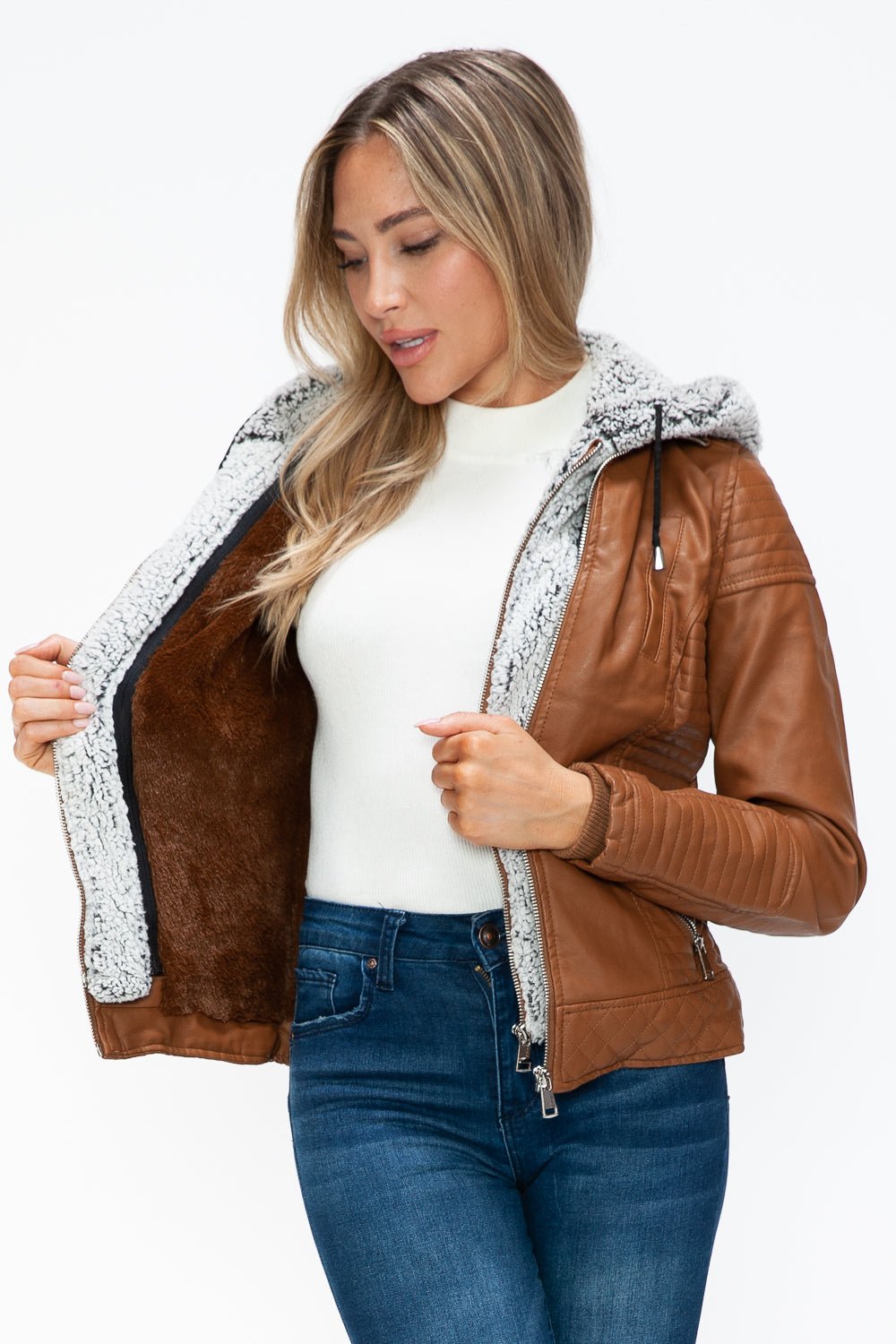 YMI Faux Layered Double - Zipper Jacket with Fuzzy Hood - Flip Flop Dynasty