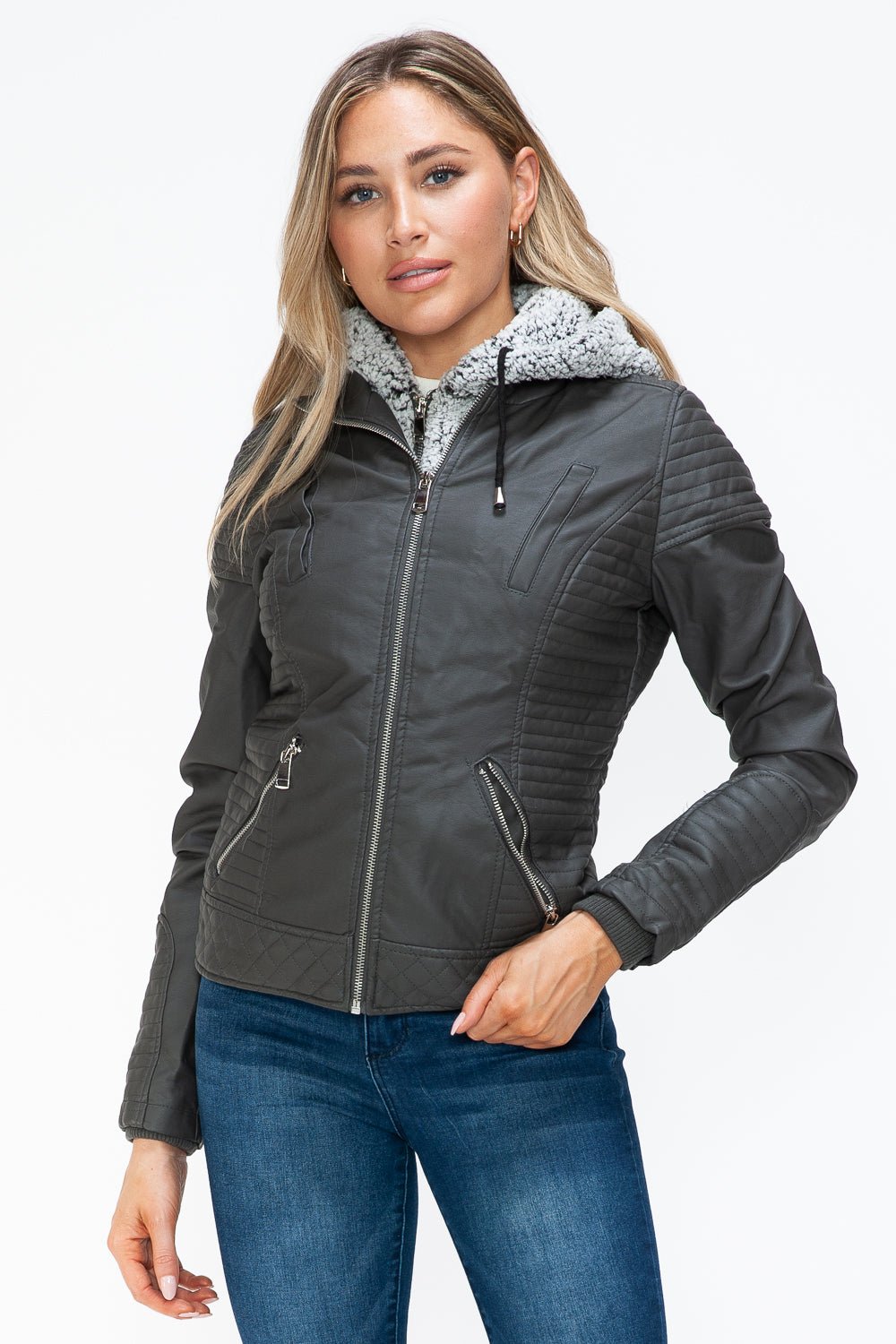 YMI Faux Layered Double - Zipper Jacket with Fuzzy Hood - Flip Flop Dynasty