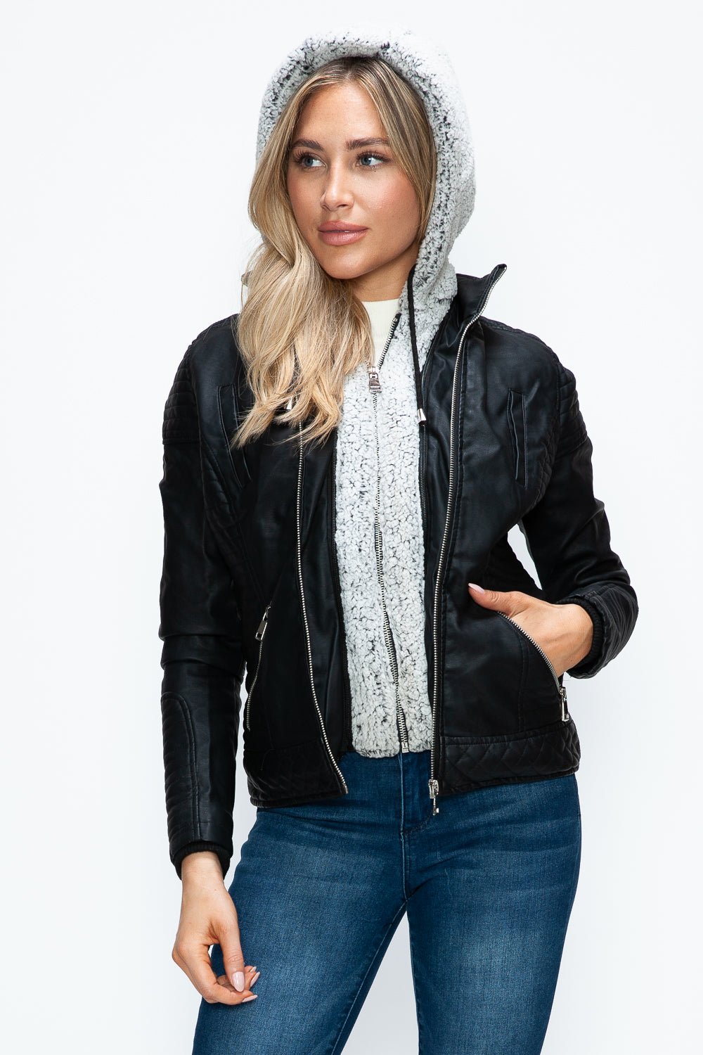 YMI Faux Layered Double - Zipper Jacket with Fuzzy Hood - Flip Flop Dynasty