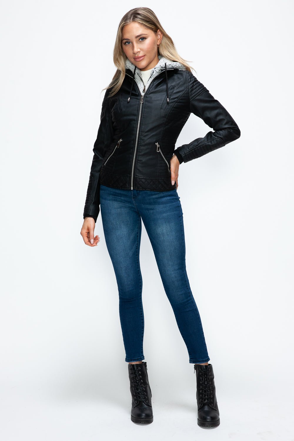 YMI Faux Layered Double - Zipper Jacket with Fuzzy Hood - Flip Flop Dynasty