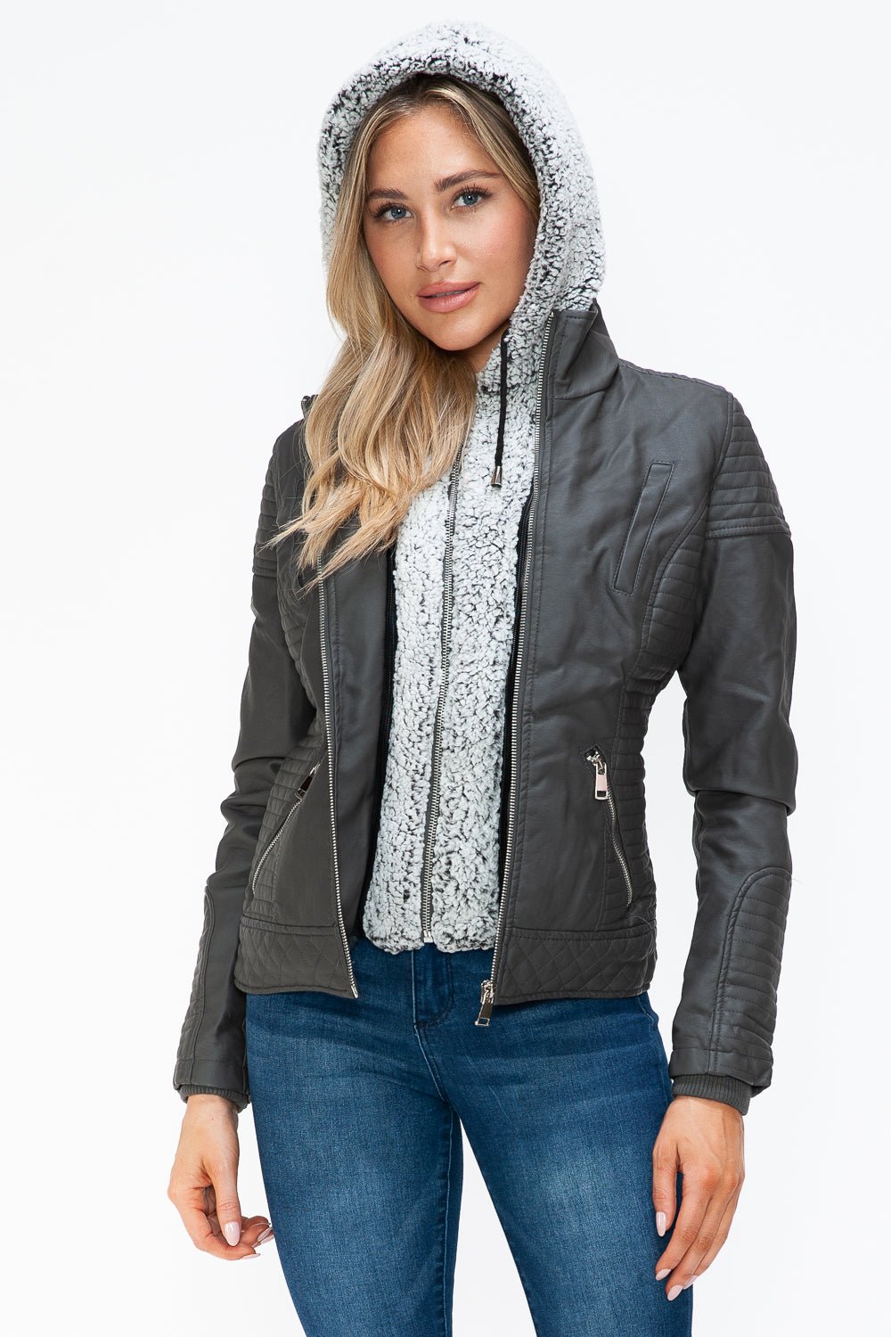 YMI Faux Layered Double - Zipper Jacket with Fuzzy Hood - Flip Flop Dynasty