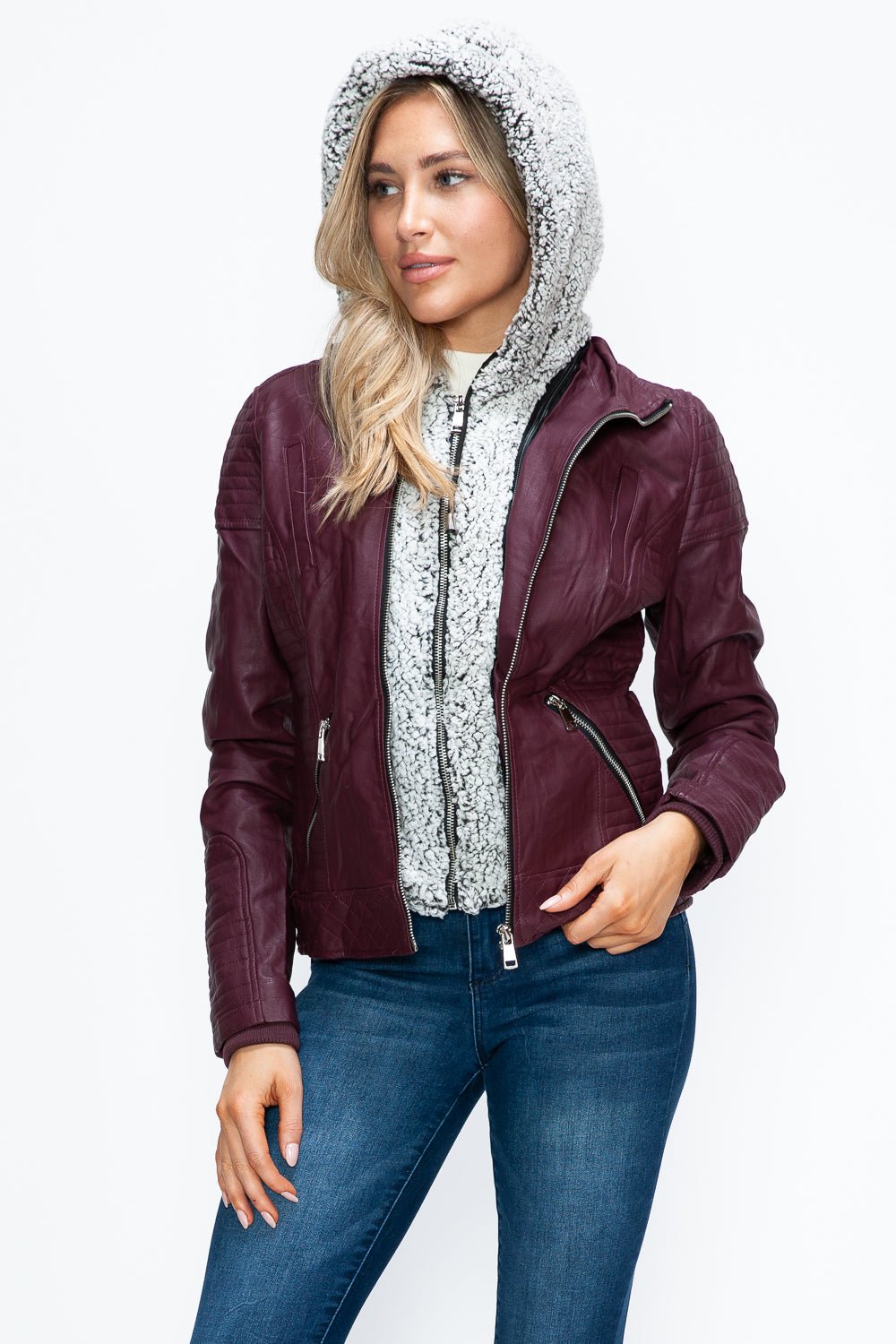 YMI Faux Layered Double - Zipper Jacket with Fuzzy Hood - Flip Flop Dynasty