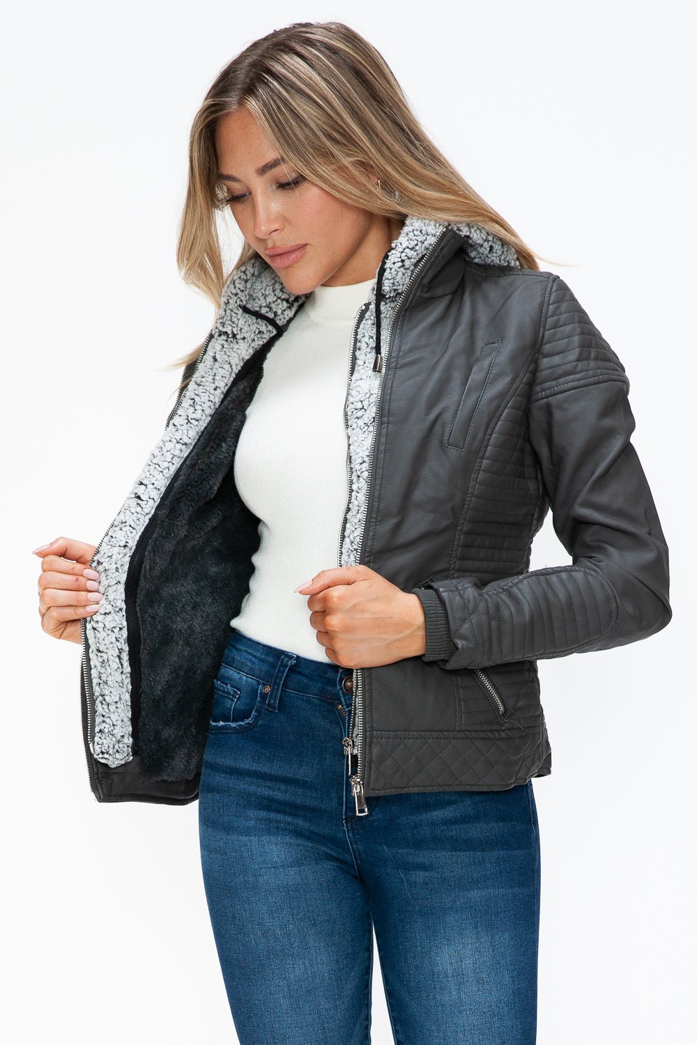 YMI Faux Layered Double - Zipper Jacket with Fuzzy Hood - Flip Flop Dynasty