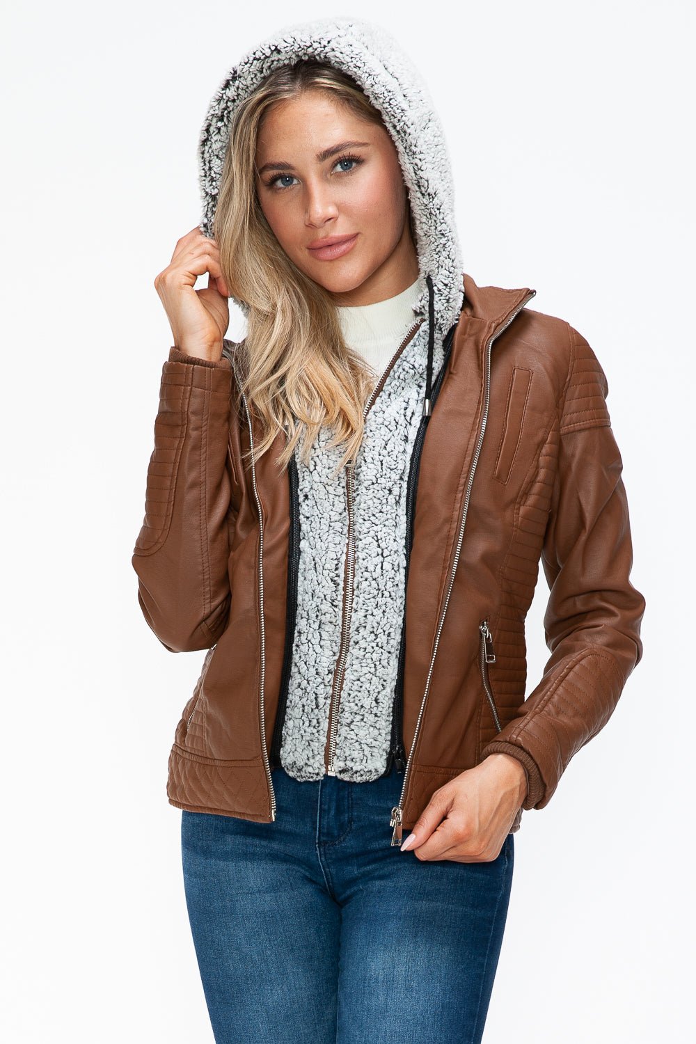 YMI Faux Layered Double - Zipper Jacket with Fuzzy Hood - Flip Flop Dynasty