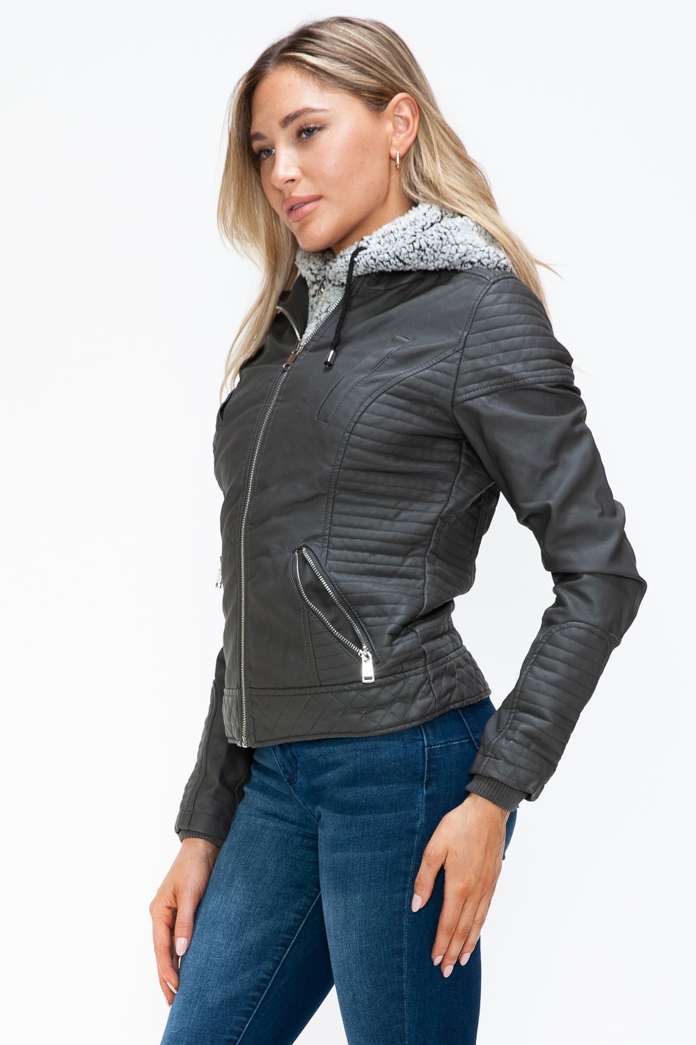 YMI Faux Layered Double - Zipper Jacket with Fuzzy Hood - Flip Flop Dynasty