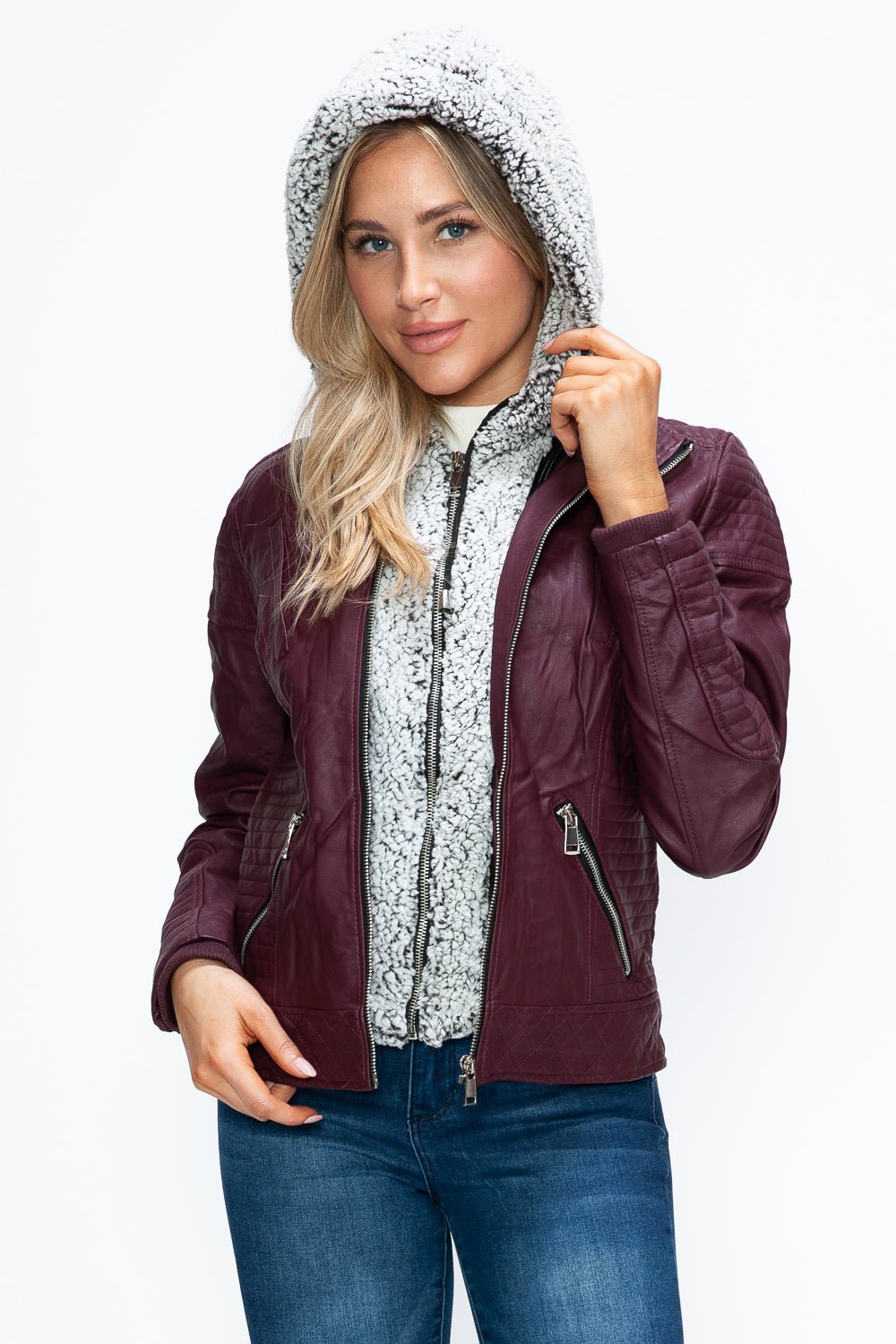 YMI Faux Layered Double - Zipper Jacket with Fuzzy Hood - Flip Flop Dynasty