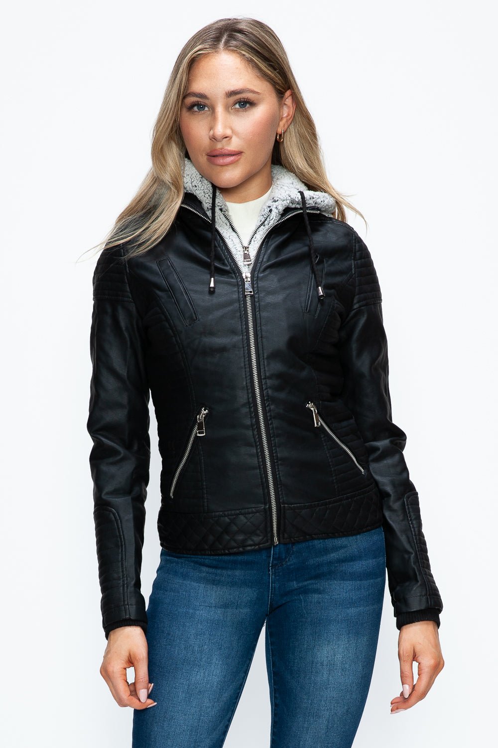 YMI Faux Layered Double - Zipper Jacket with Fuzzy Hood - Flip Flop Dynasty